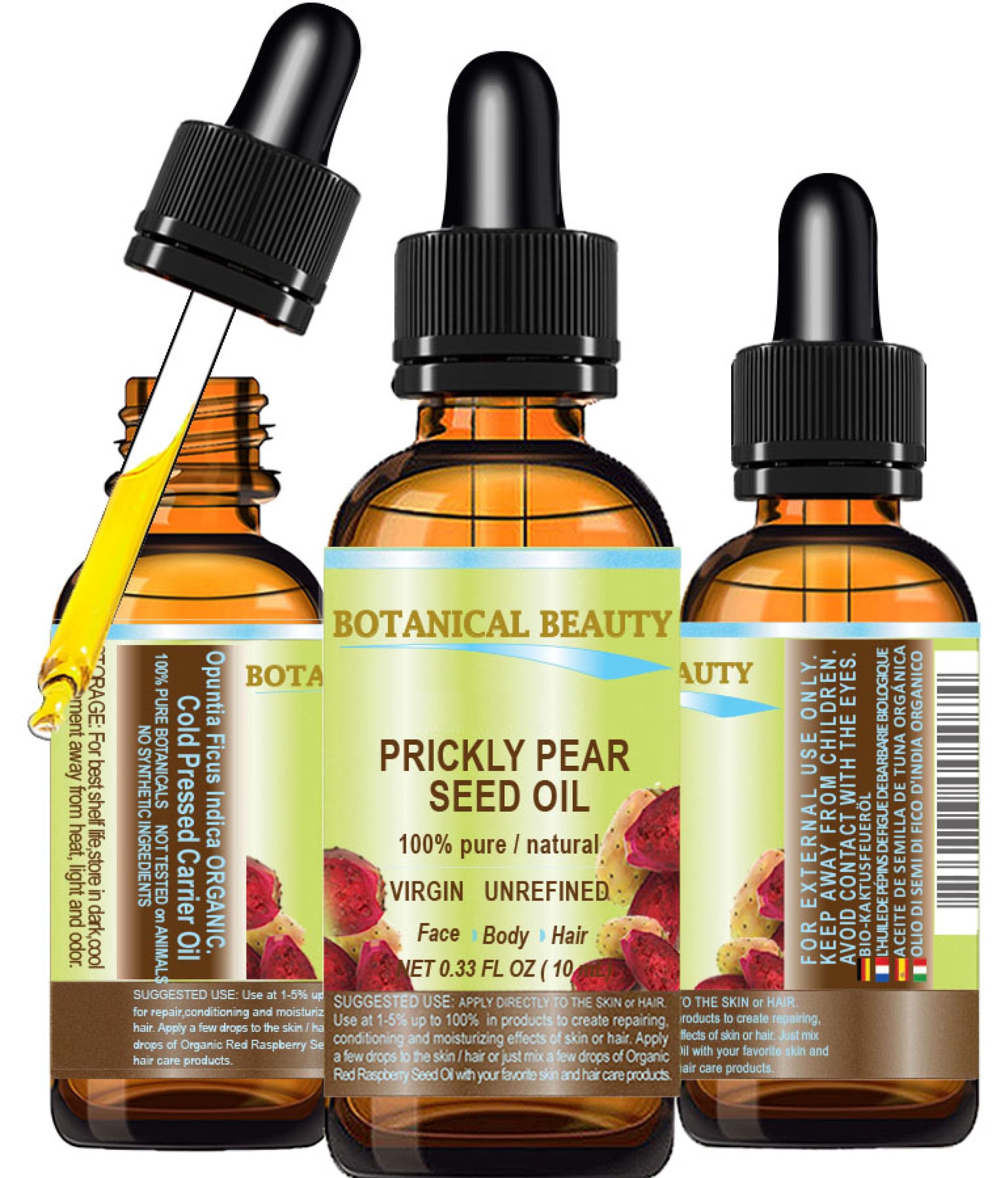Botanical Beauty PRICKLY PEAR CACTUS SEED OIL ORGANIC. 100% Pure Natural Undiluted Virgin Unrefined Cold Pressed Carrier oil. 0.33 Fl.oz.- 10 ml. For Face, Skin, Hair, Lip, Nails, Anti-Aging oil
