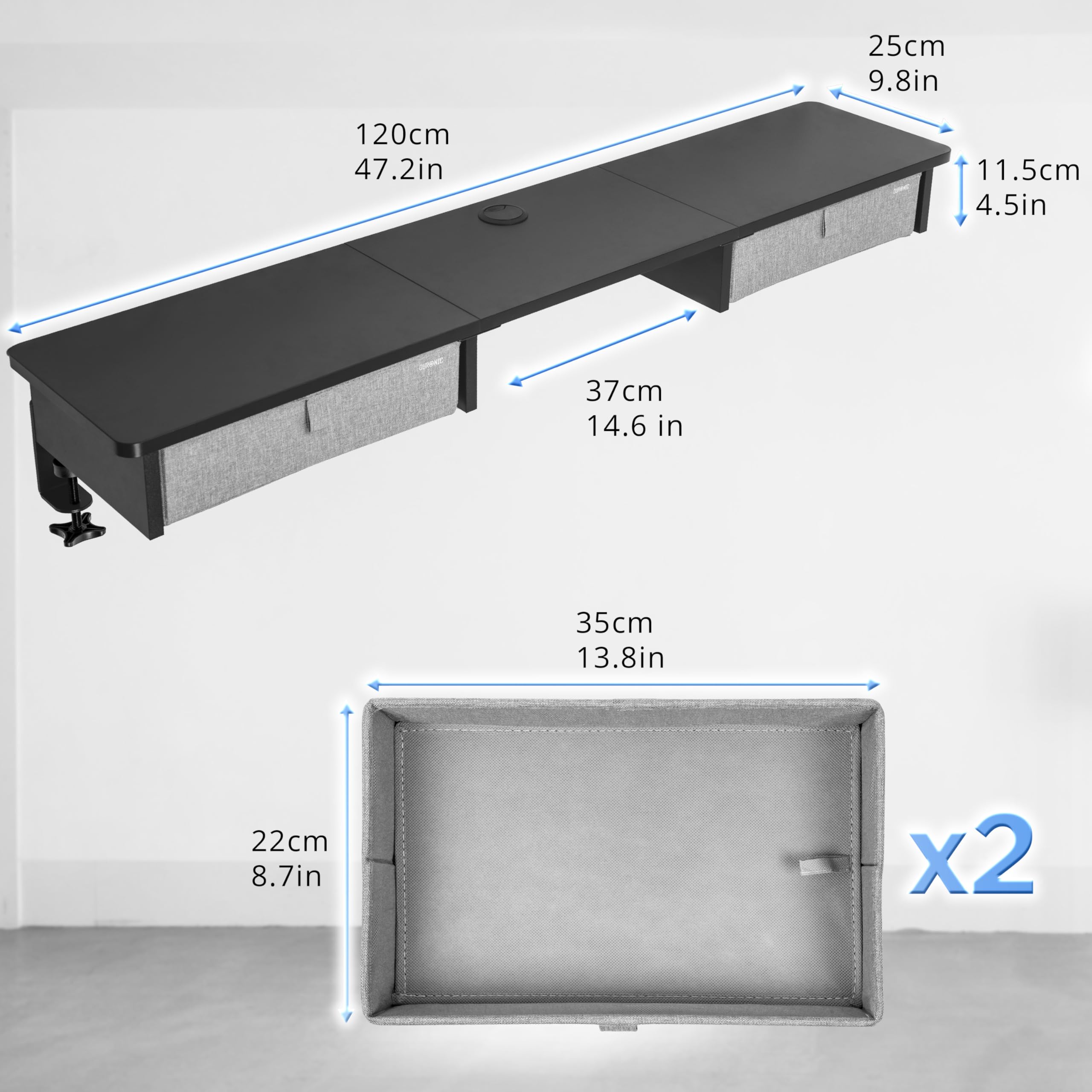 Duronic DD3 BK Accessorio per Scrivania 120 cm Nero con 2 Cassetti | Compatibile con Tutti i Desk Top da 120 cm | Superficie per Sollevare lo Schermo | Professionale Estetico e Organizzato