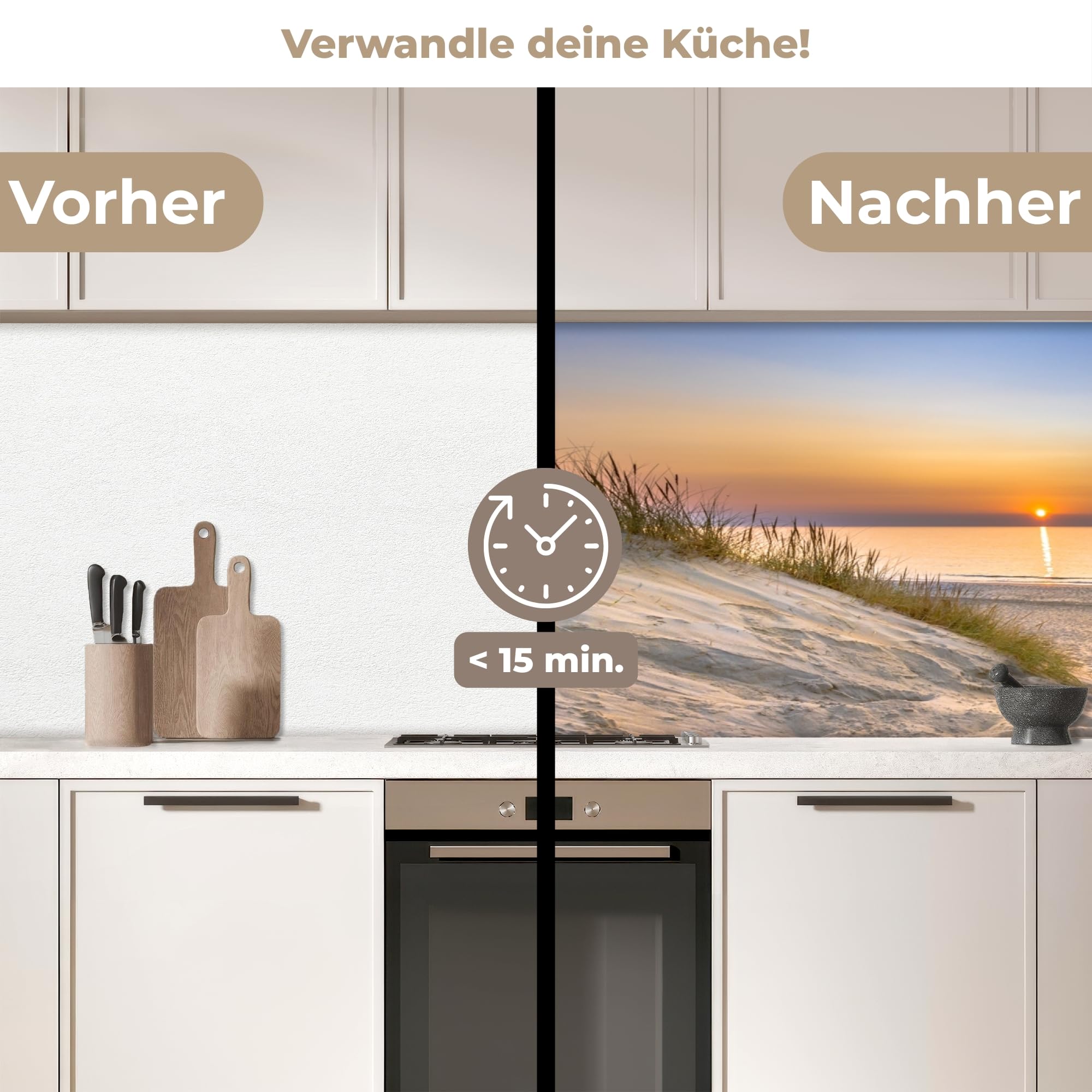 KitchenYeah© Küchenrückwand 60x200 cm Selbstklebende Kitchen Wall Protector Küchen Rückenwand Küchenfronten Küchenrückwände Küche Wand Düne - Sonnenuntergang - Horizont - Strand - Gras