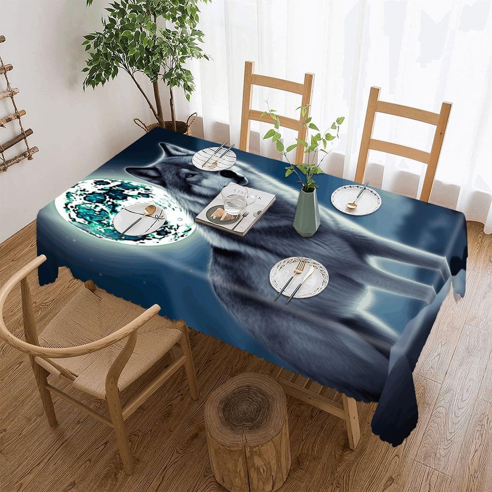 FekiLoot Wolf Under Moon Tablecloths for Rectangle Tables Wipeable Spillproof Polyester Table Cloth Wrinkle Free Farmhouse Dining Tables Cover Elegant Vintage Decor Tablecover