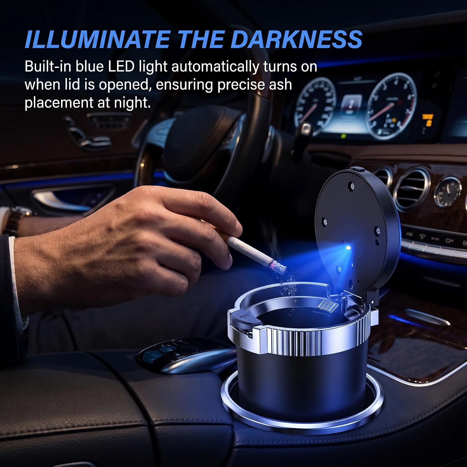 1 PC Smokeless Car Ashtray with Lid, Portable LED Ashtray for Cigarettes and Stainless Steel Inner Cup, Odor-proof Auto Accessories for Car, Universal for Most Cars, Trucks, SUVs (Black) image 3