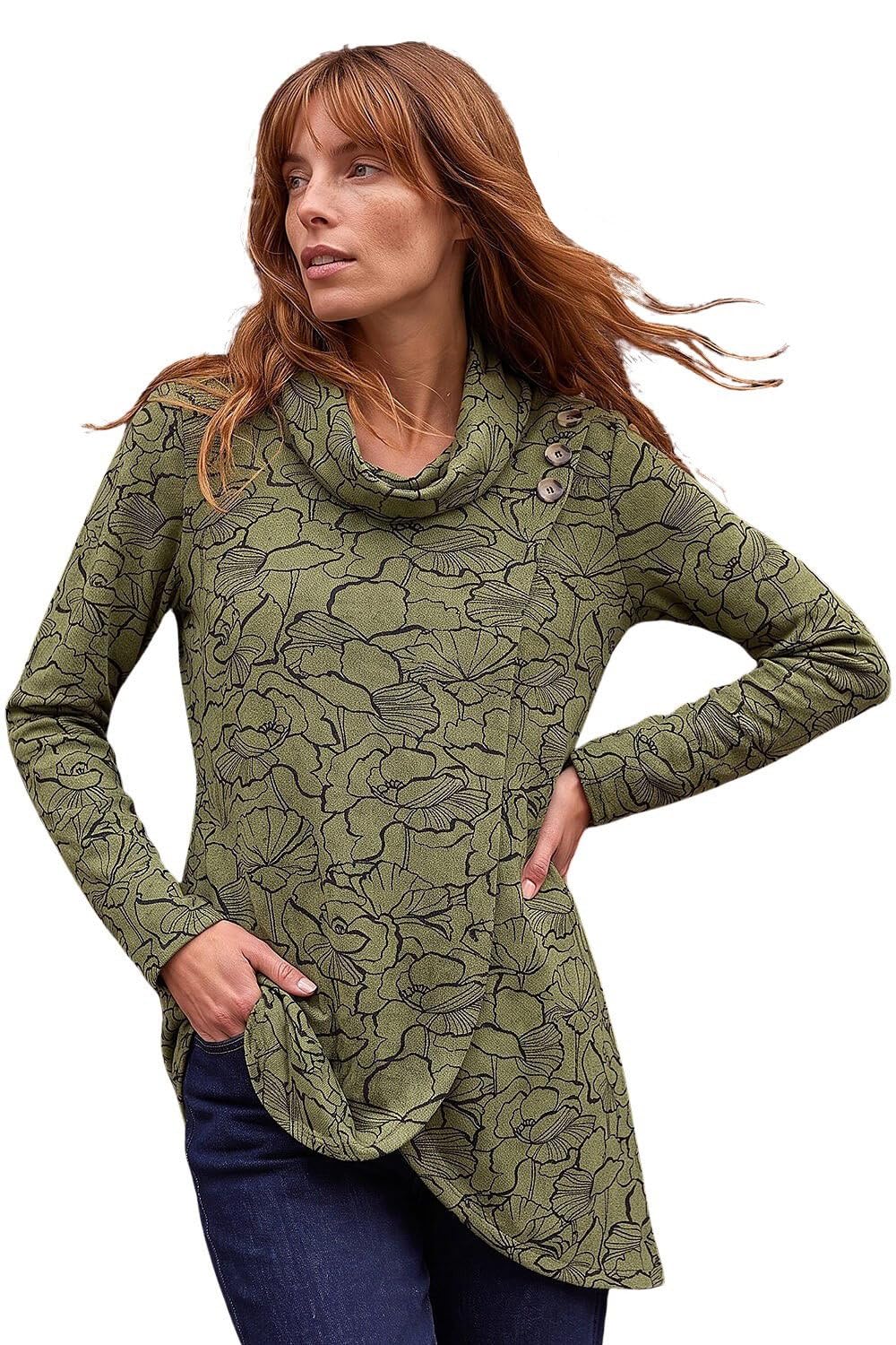 Roman Women's Khaki Floral Print Cowl Neck Top Size 18