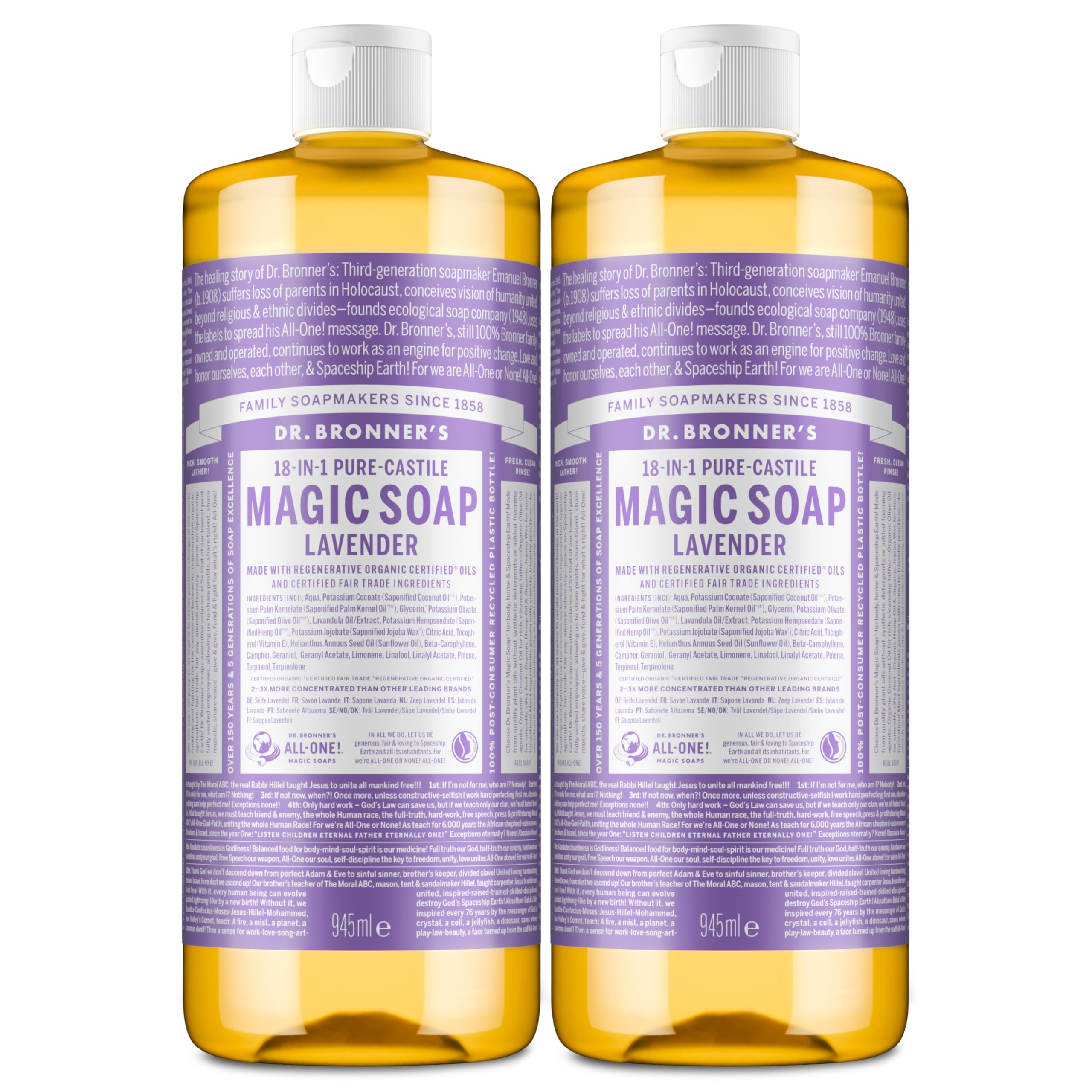 Dr. Broner's Lavender Dr Bronner's All-One Magic Soap, Made With Organic Oils, Used For Face, Body, Hair, Dishes, Mopping And Pets, Certified Fair Trade & Vegan