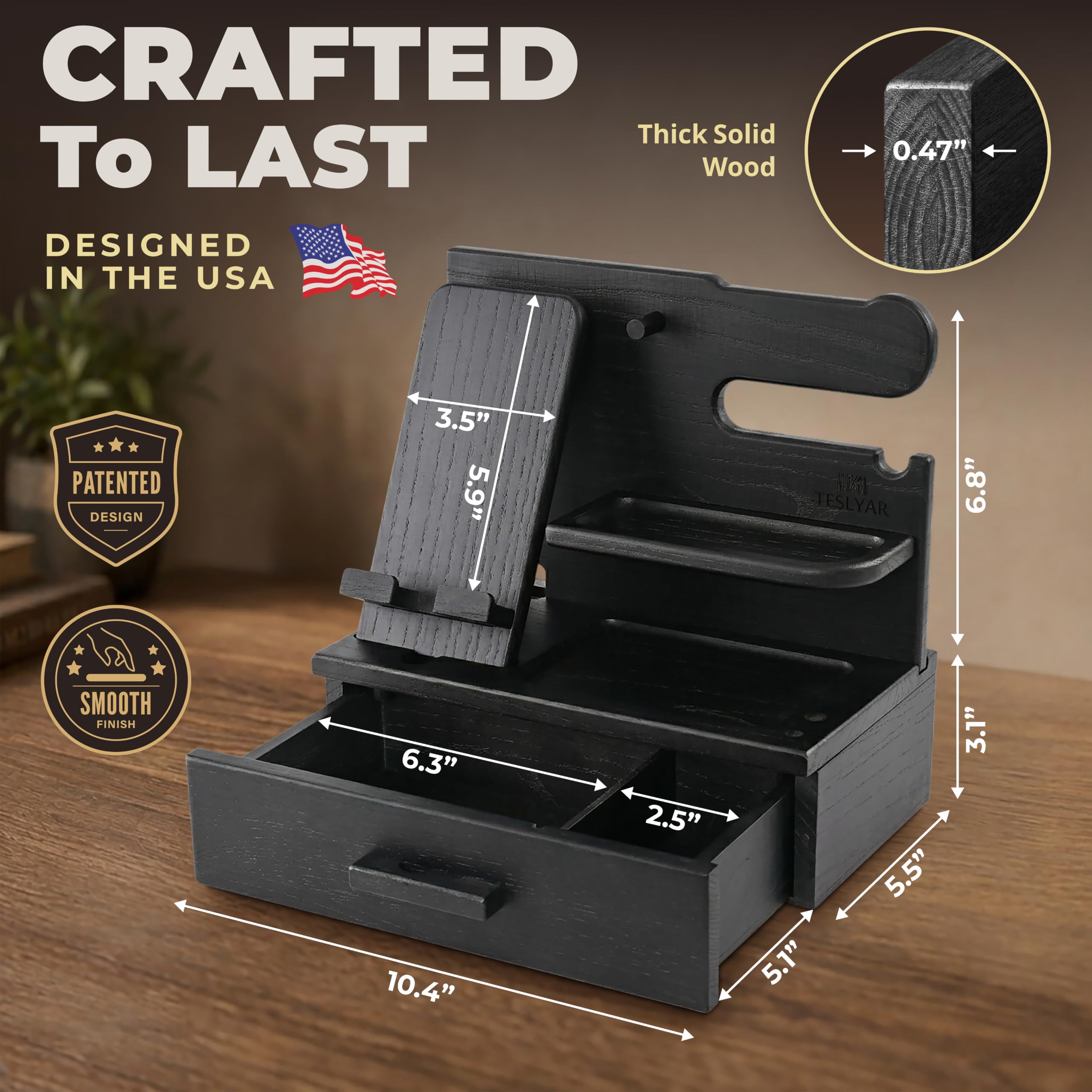 TESLYAR Docking station per telefono in legno con cassetto, organizer da comodino, organizzatore da scrivania per marito, regalo di compleanno per uomini, papà, idea di compleanno, portachiavi