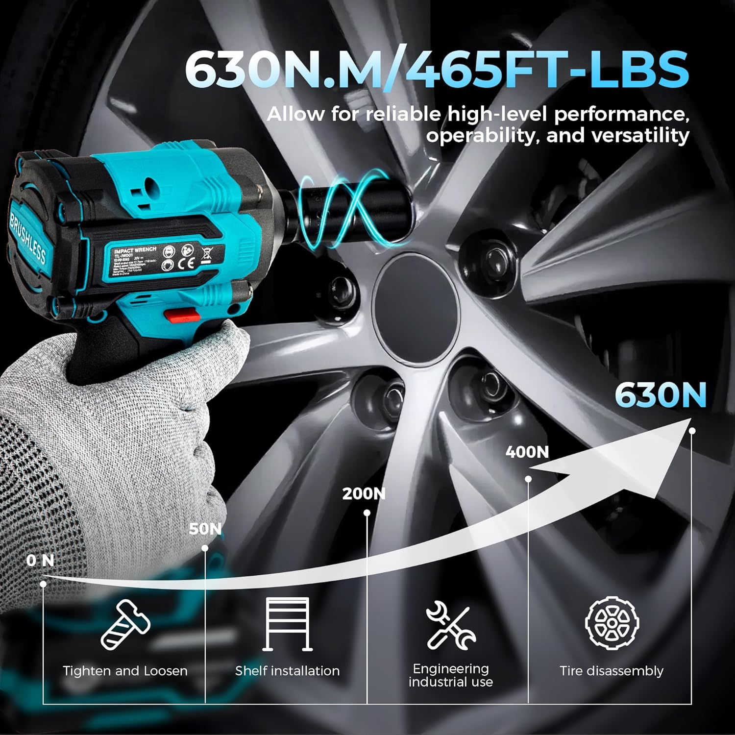 1/2" Cordless Impact Wrench Kit, 630N.m (465Ft.lb) Brushless Impact Gun with 4.0Ah Battery and Fast Charger, 3-Mode Speed, 2500RPM 20V Power Impact Driver Electric Impact Wrench with LED Light for Car