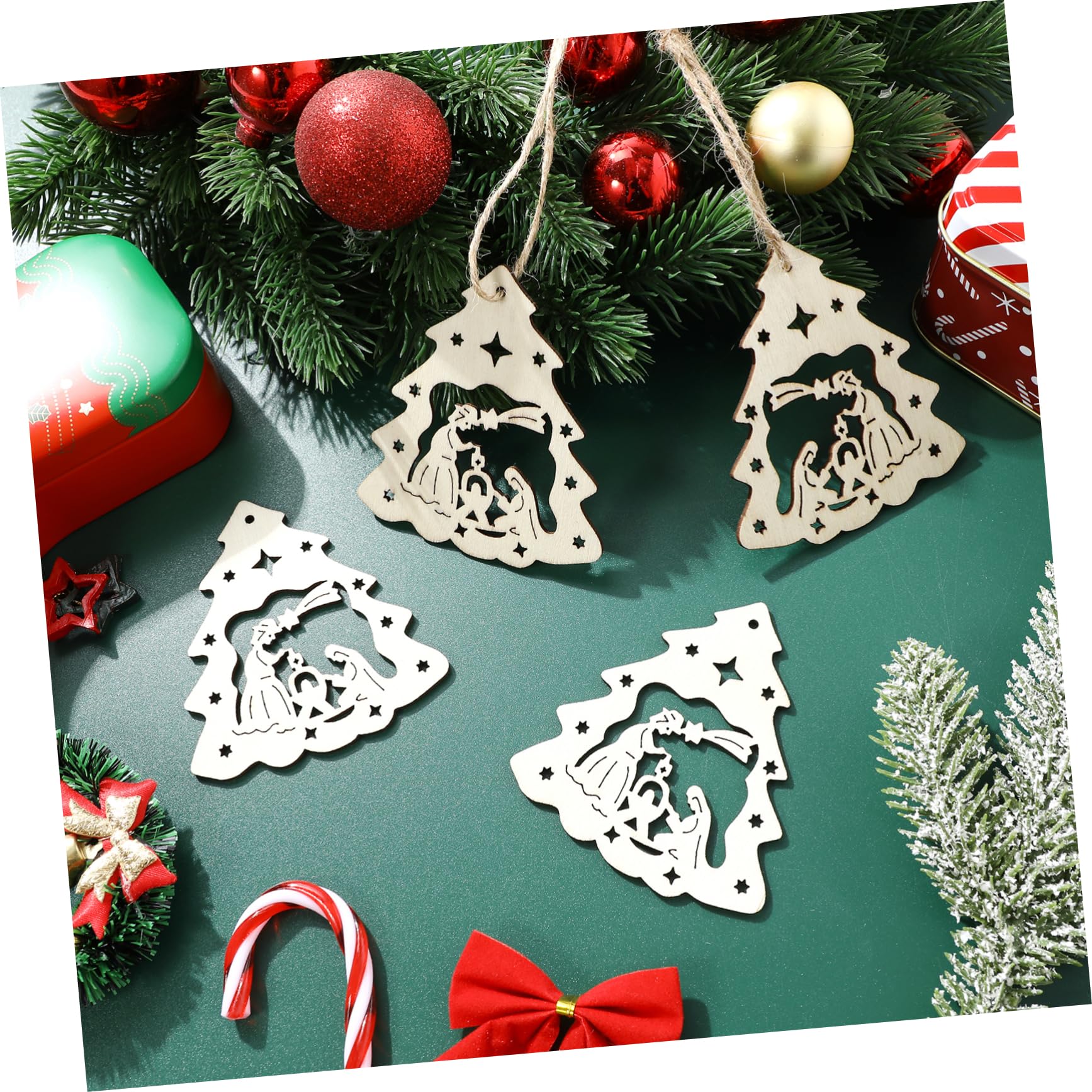Alipis 90pezzi Ciondoli Legno Per Decorazioni Natalizie Pendente Con Motivo Della Nascita Di Gesù Per Alberi Di Natale e Artigianato Inclusi Funi Juta