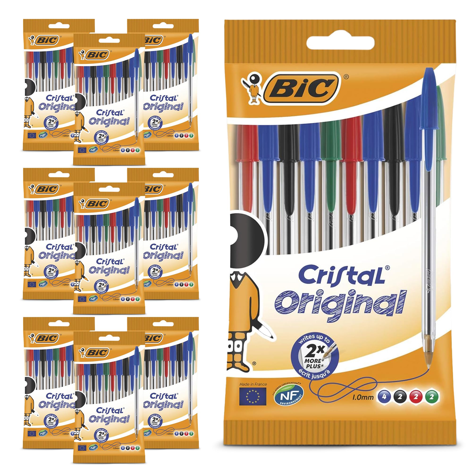 BIC Cristal Original Lot de 10 stylos à bille à pointe fine de 1 mm, couleurs assorties, stylos fiables pour l'école et le bureau, écriture lisse, prise en main confortable, durable et durable