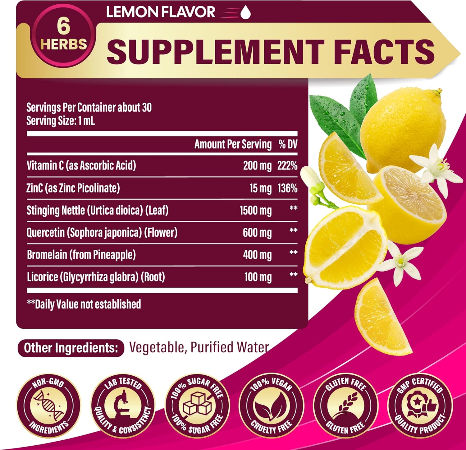 Stinging Nettle Leaf Extract Tincture - 6in1 Herbal Liquid Supplements with Vitamin C, Zinc, Quercetin, Bromelain, and Licorice - Alcohol-Free, Vegan, Non-GMO - 30ml 1 Fl Oz - Image 2