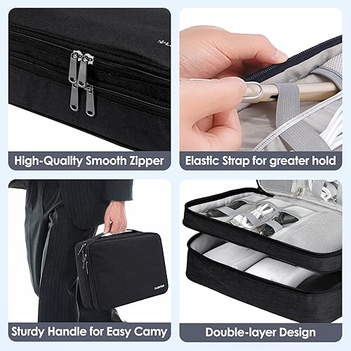 Miniatura 9 de LENTION Bolsa organizadora de cables para artículos electrónicos, organizador de cables de viaje, impermeable, doble capa, bolsa de almacenamiento