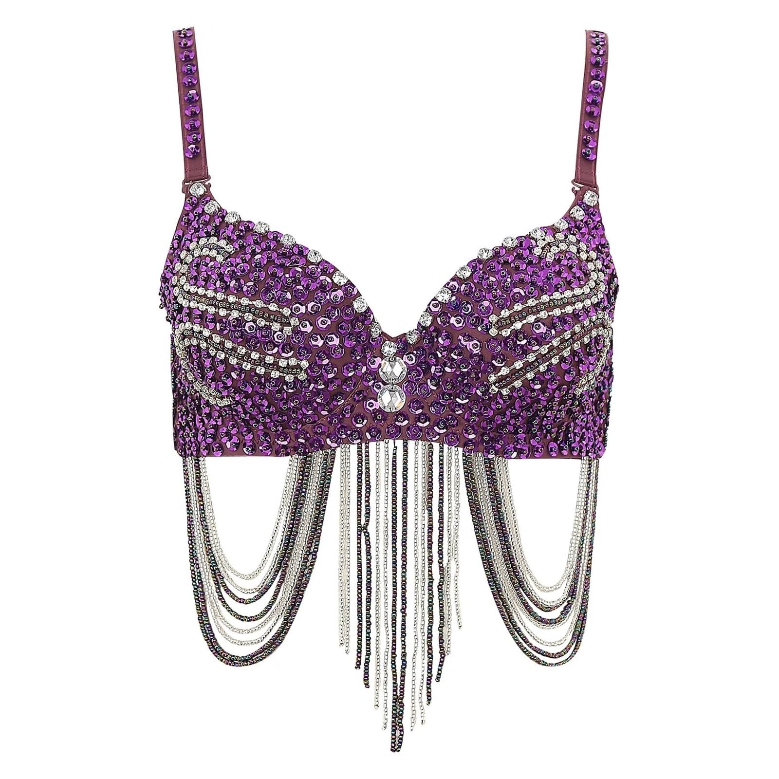 トップス LA PEAU DE GEM strap bra Women's Sequin Beads Bra Crop Top Fringe Rhinestone Sequin