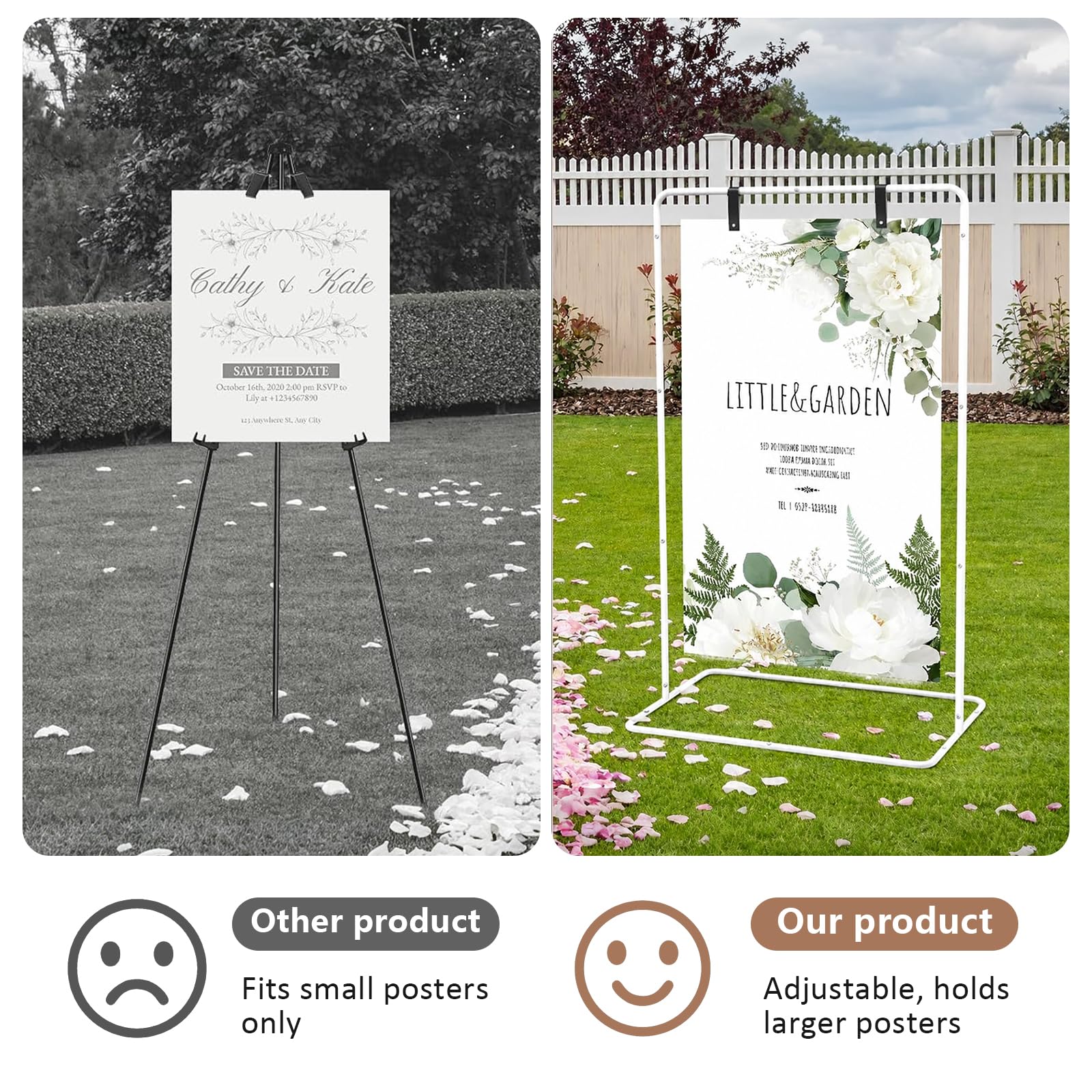 Stojak na tablicę ślubną 173x80x50cm - Uchwyt na tablicę powitalną z 4 paskami z eko-skóry - Regulowana sztaluga do plakatów, planu stołów i dekoracji na przyjęcia - Idealny na wesela i