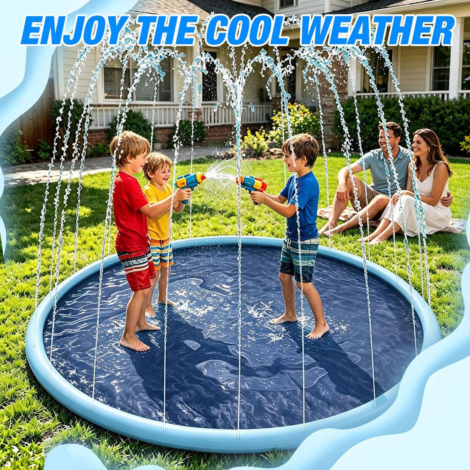Splash Pad Sprinkler Play Matte 170CM Sprinkler Wasser Spielmatte Anti Rutsch Verdickte Plantschbecken Wasserspielzeug Spielzeug mit 3 HöHenverstellbar für Familie Aktivitäten/Strand/Garten