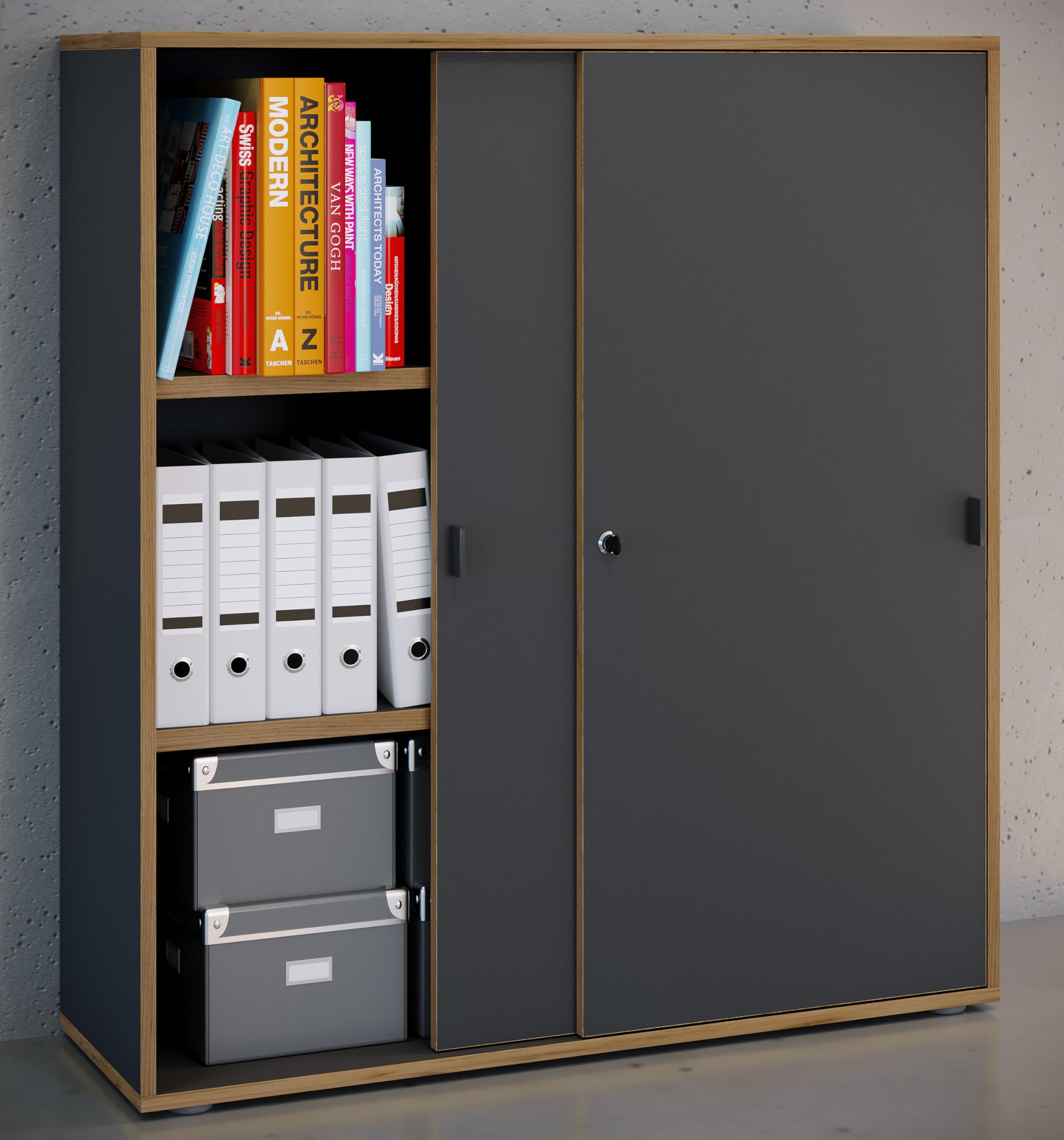 VCM Armoire de Bureau à 3 Compartiments | Armoire à dossiers Moderne à Portes coulissantes | Dimensions : env. H 110 x L 100 x P 37 cm – Salia 3 Compartiments Anthracite
