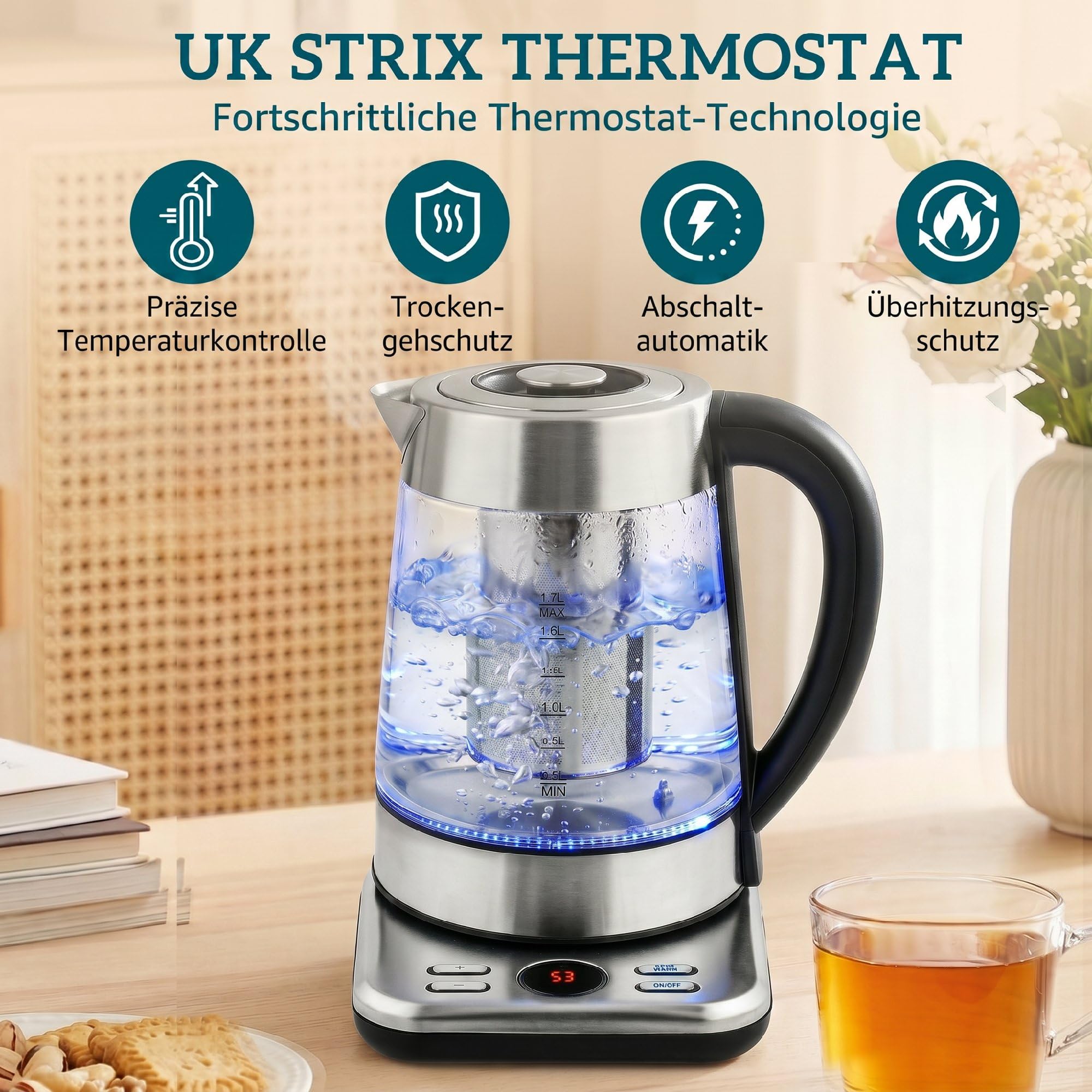 HOMCOM Hervidor Eléctrico 1.7L 2200W UK Strix Termostato Plateado | Hervido rápido, acero inoxidable, infusor té, mantener caliente, apagado auto., protección ebullición seco