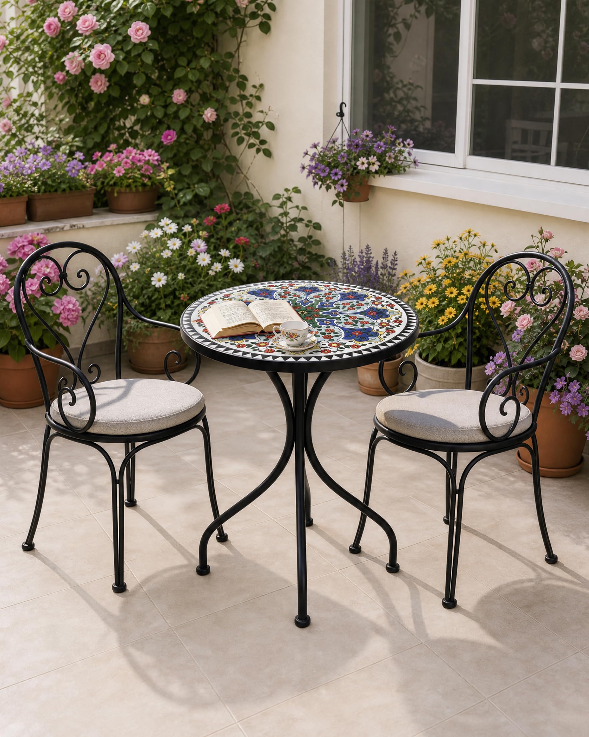 Mosaik Gartentisch Rund,Mosaiktisch Balkontisch Terrassentisch, Runder Outdoor Tisch für Garten, Terrasse, Balkon