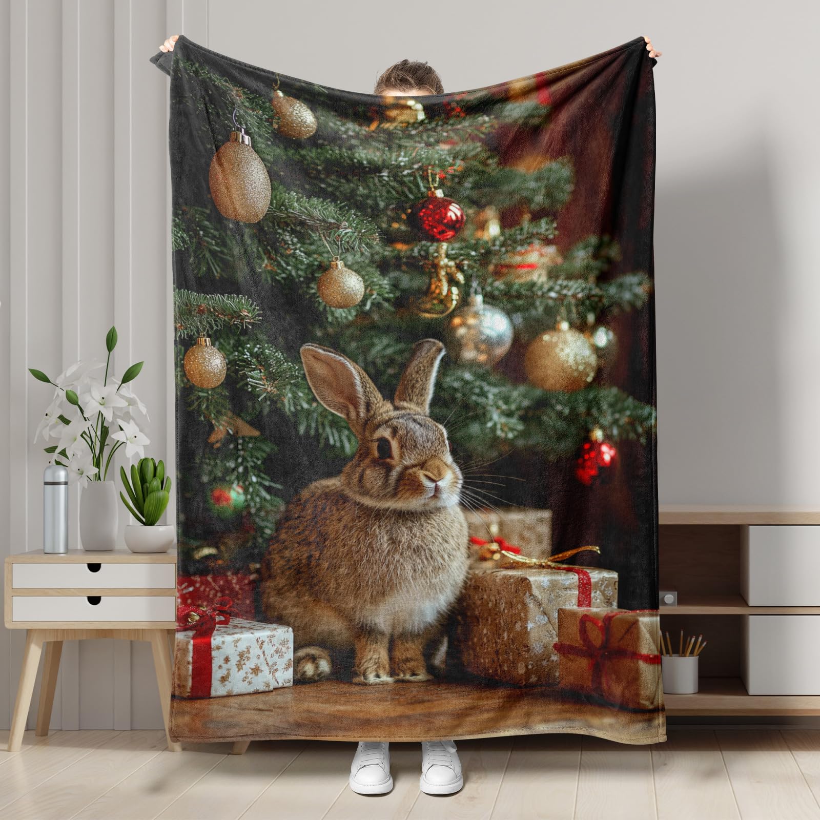 Christmas Rabbit Fleece Blanket, Brown Cozy Bunny Print Winter Holiday Throw Blanket, Soft Warm Snuggle Blanket for Sofa, Bed, All Season 40x50 Inch