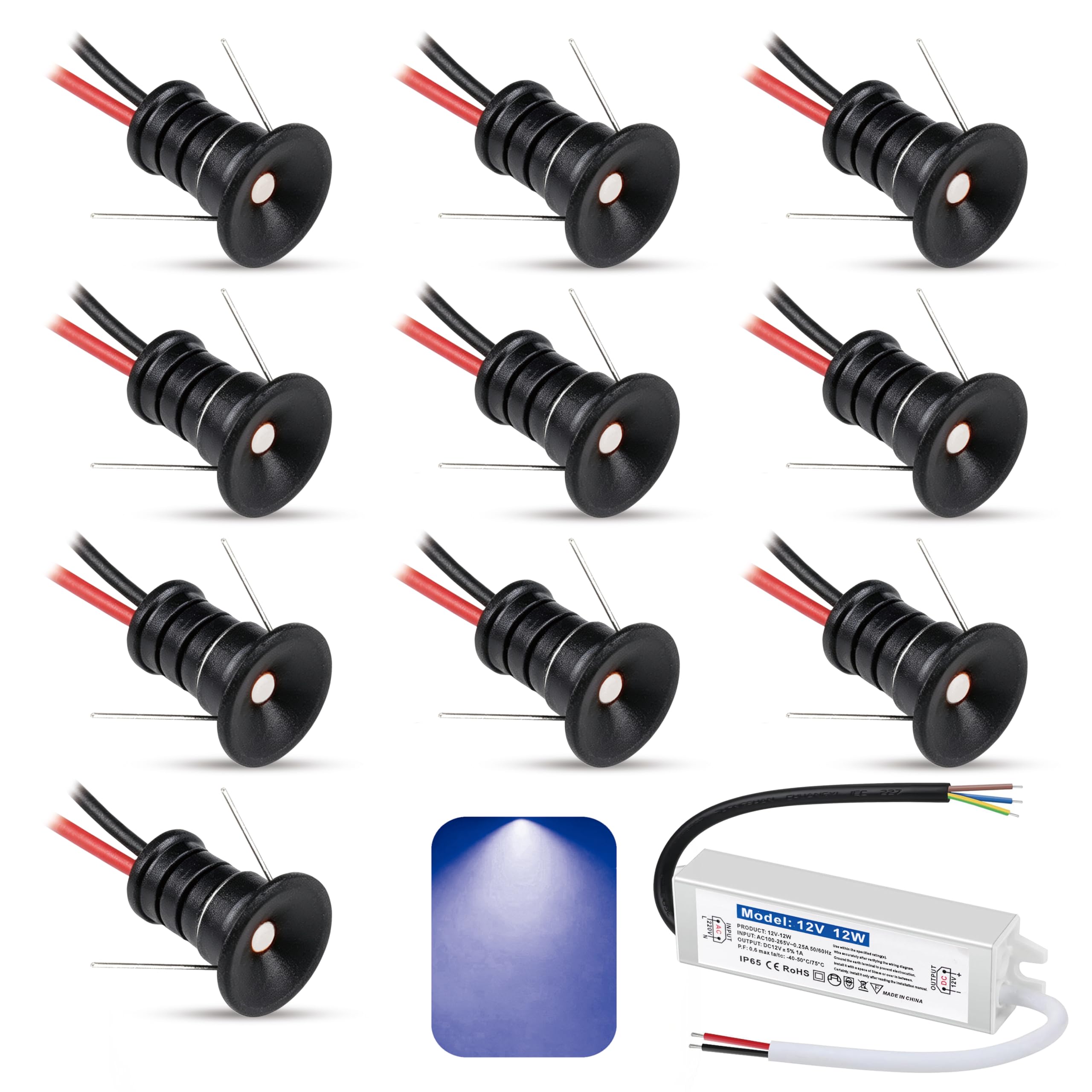 LEWUIYO 10 PCS Mini Spot Lights 0.5W 12V LED Ceiling Spotlights Ultra Small 10mm Cutout Recessed Spot Light IP65 Blue Light Led Downlight for Showcase,Stairs,with Transformer (Black, Blue)