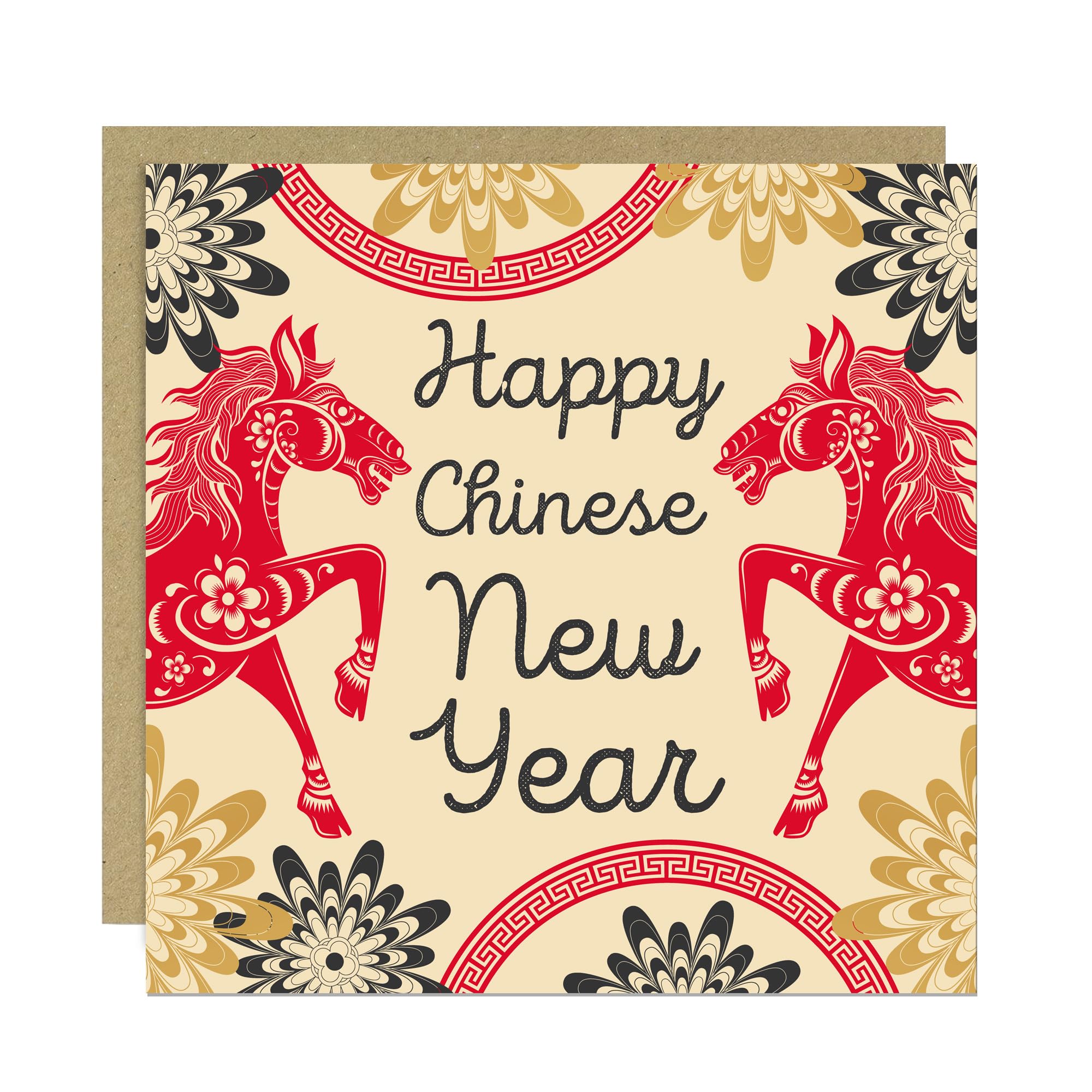 RED OCEAN Happy Chinese New Year Card 2026 Year of The Horse Card 145x145mm With Kraft Envelope Luna New Cards For Friends Family