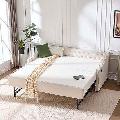 Twin to King Daybed with Trundle, USB Ports Soft Upholstered Daybed with Pop Up Trundle Bed Twin, Modern Extendable Day Bed Frame for Girls Bedroom Living Room Guest Room Small Places Champagne Beige