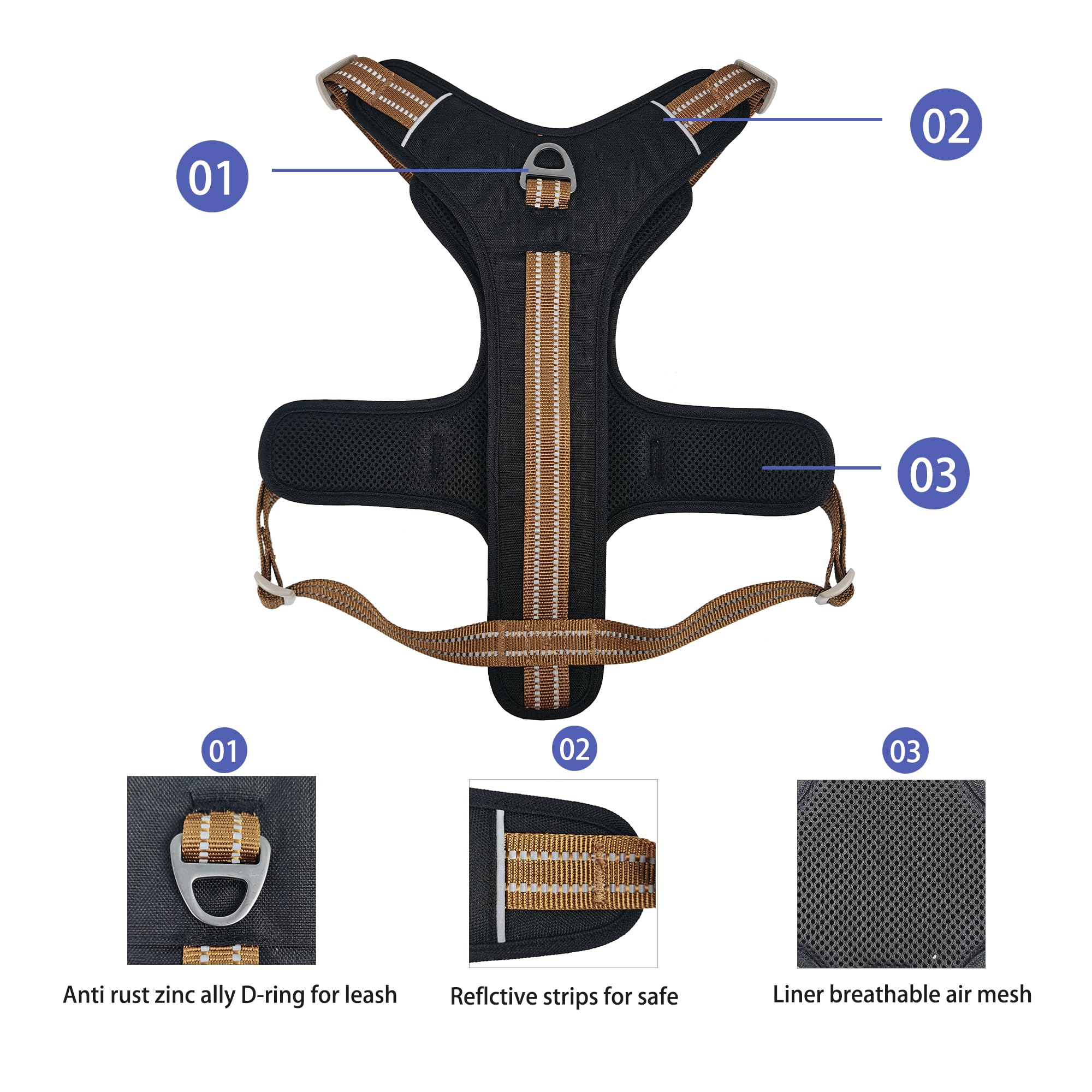 Black Reflective Dog Harness for Large Dogs, No-Pull Front Clip Harness with Padded Chest & Adjustable Straps, Heavy Duty Nylon Harness for Labradors/German Shepherds - image 5