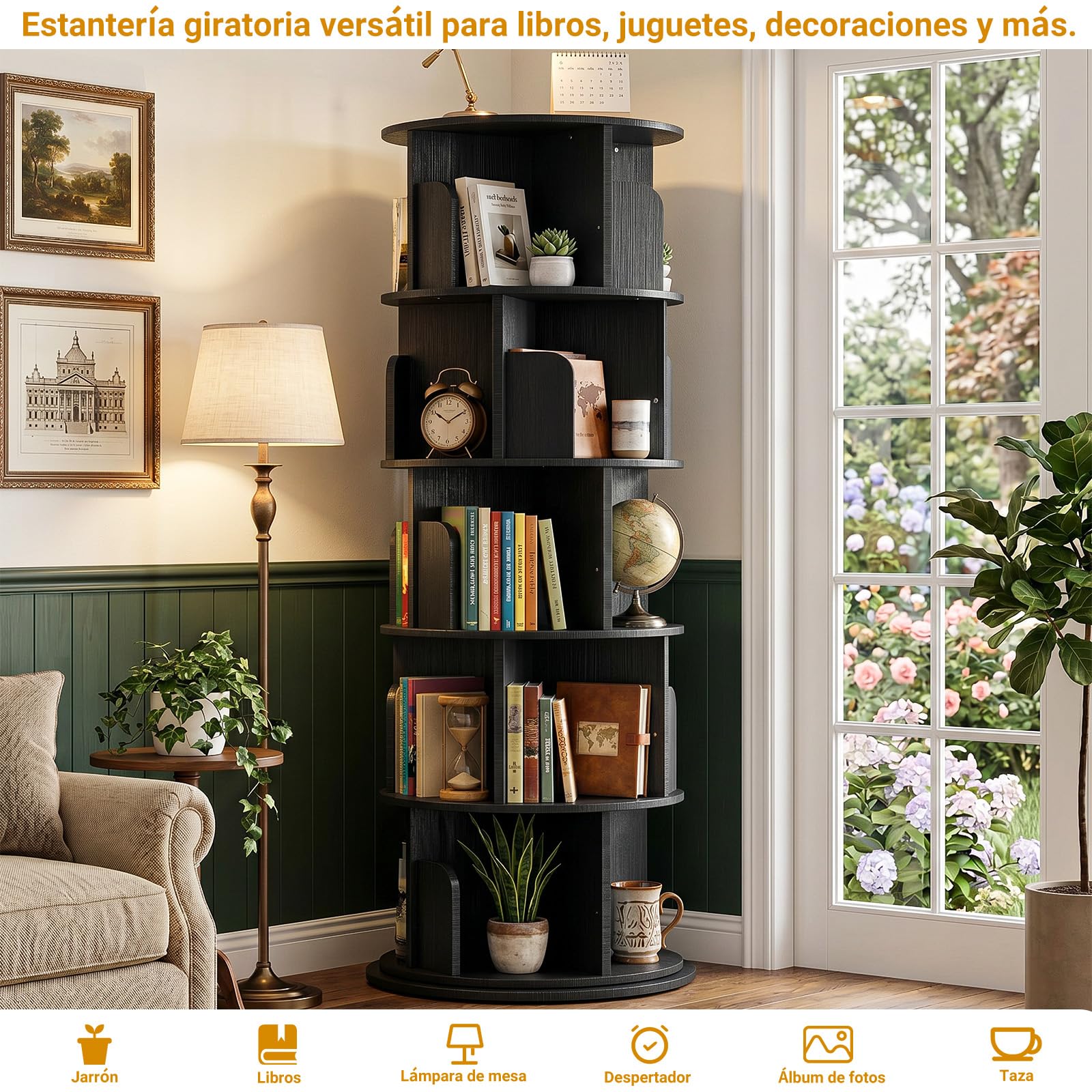 Homieasy Estantería Giratoria 5 Niveles, 360 Grados, Negro | 162x40cm, Torre de Libros con 20 Compartimentos, Ahorro Espacio, Salón, Oficina y Estudio, MDF