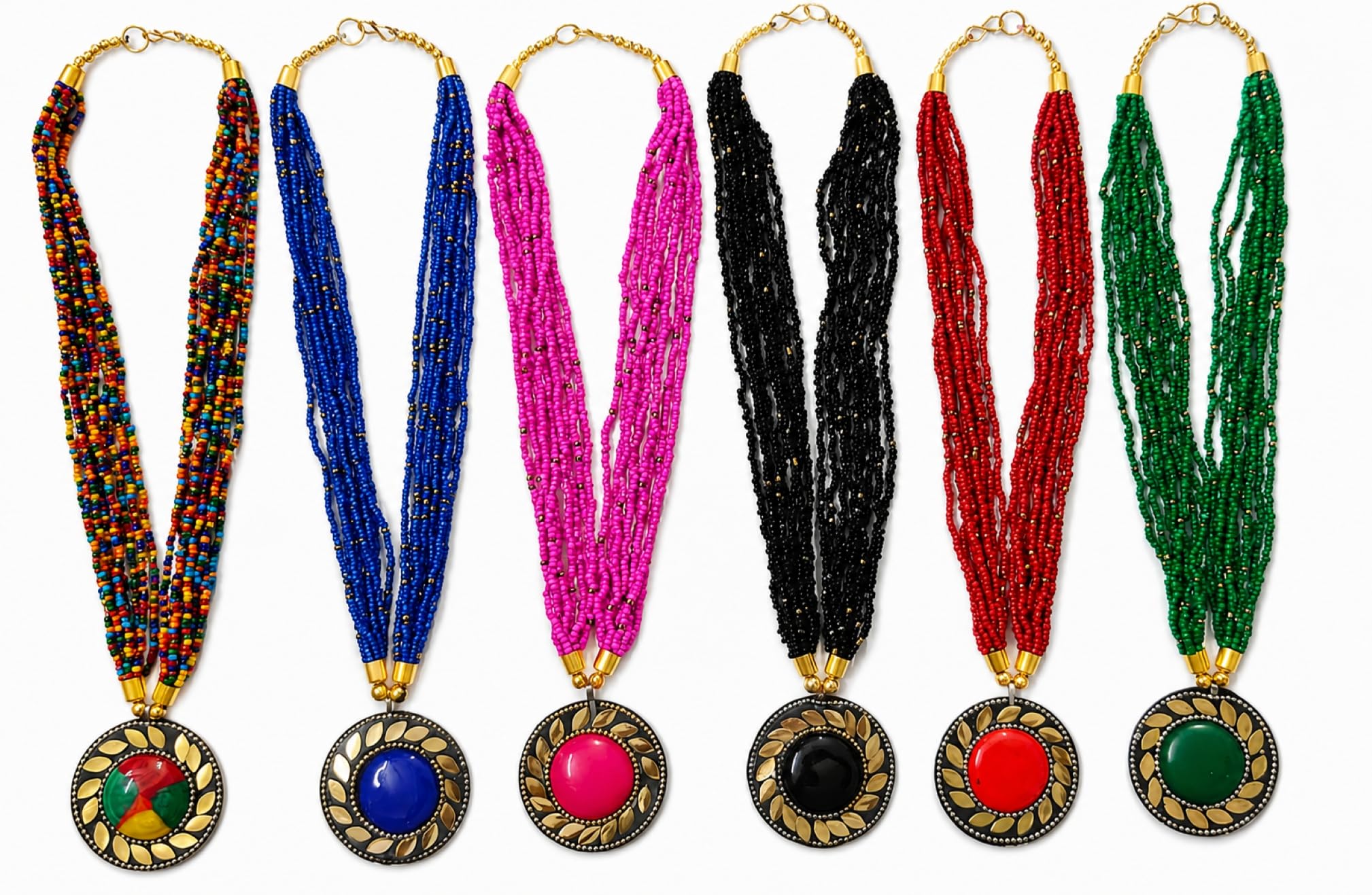 Multicolour Seed Bead Multi-Strand Necklace Combo with Round Pendant, Boho Style, Set of 6-image-44
