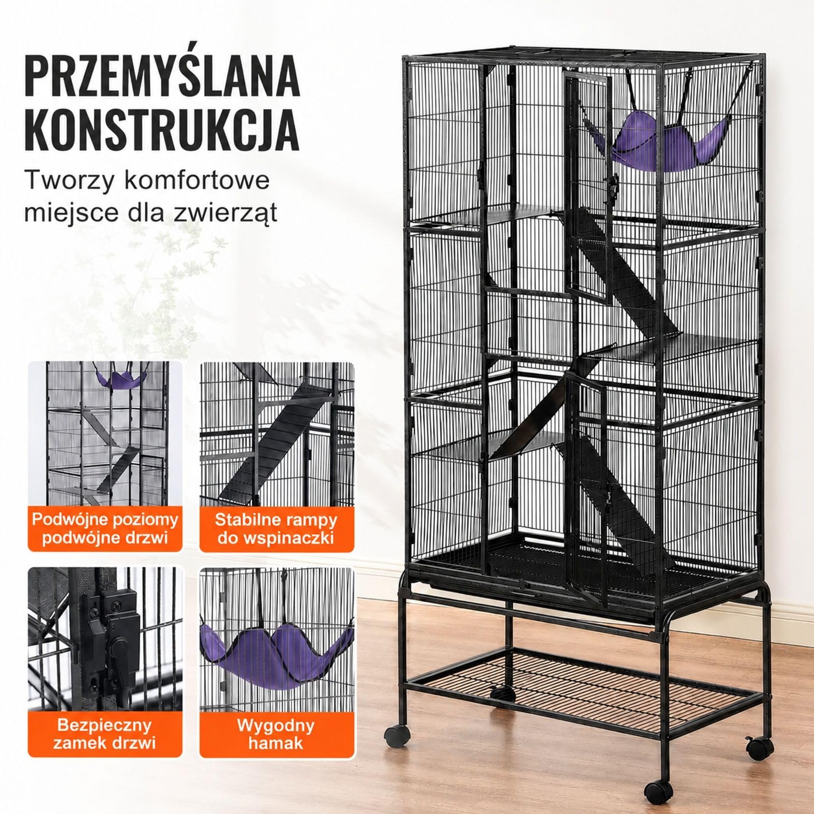 Czarna metalowa klatka dla fretek i małych zwierząt, 4 poziomy, kółka, rampy, taca, żelazo, plastik i aksamit