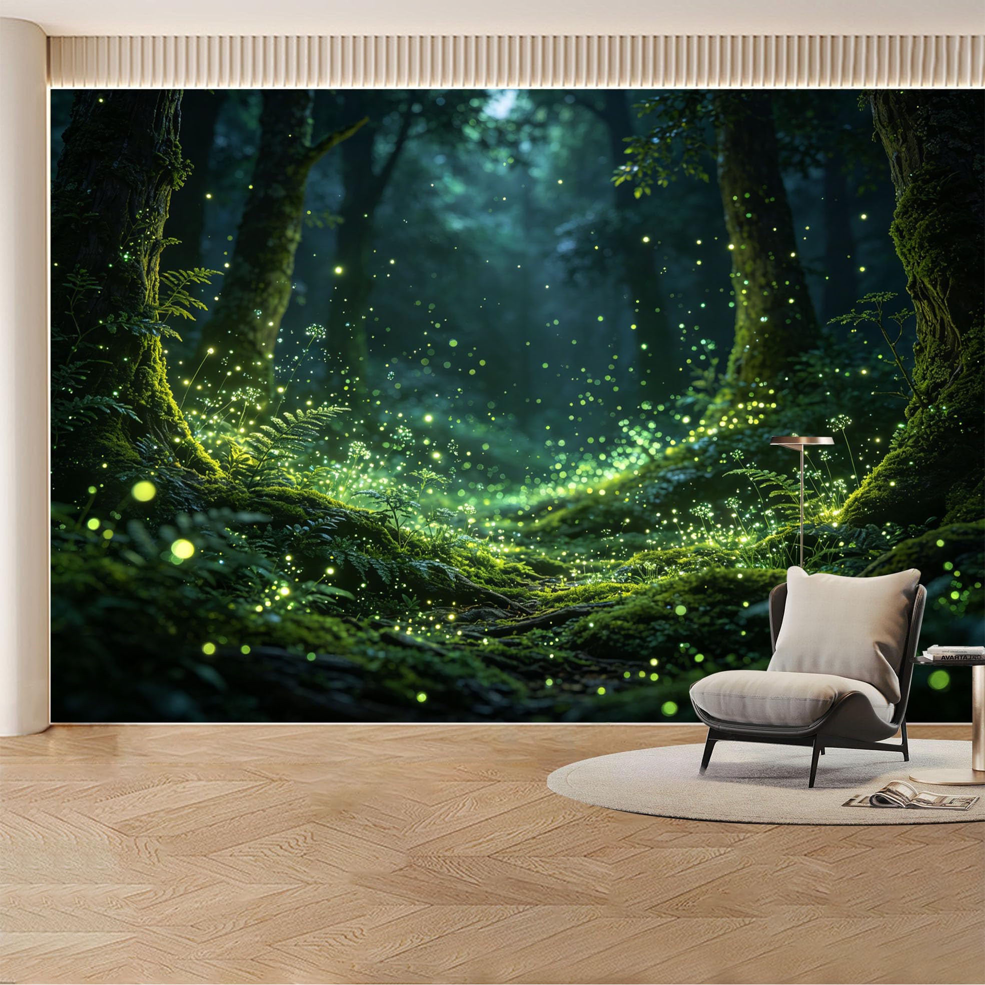 Custom Wall Mural Wallpaper Forest Fireflies Landscape Nature 3D Effect Wall Decor Large Wall Art Misty Enchanted Style Removable SelfAdhesive Large Photo for Living Room， Bedroom， Office