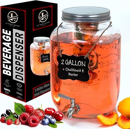 Decantador de licor de vidrio de 2 galones para fiestas, grifo de acero inoxidable 100% a prueba de fugas, marcador, etiqueta e infusor de frutas,