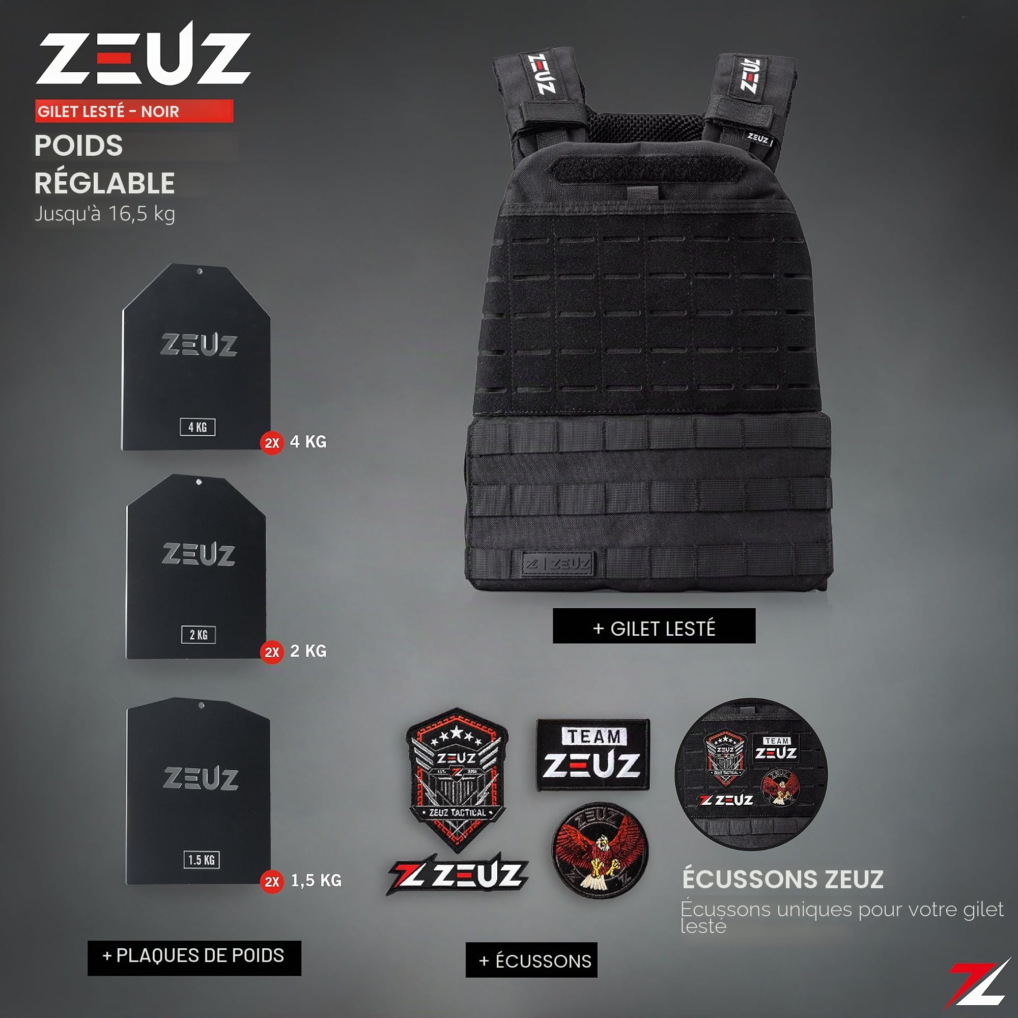 ZEUZ® Veste de musculation Crossfit & Fitness 16,5 KG – Gilet tactique & Gilet d'entraînement - Réglable en poids – 19 Stands - Noir