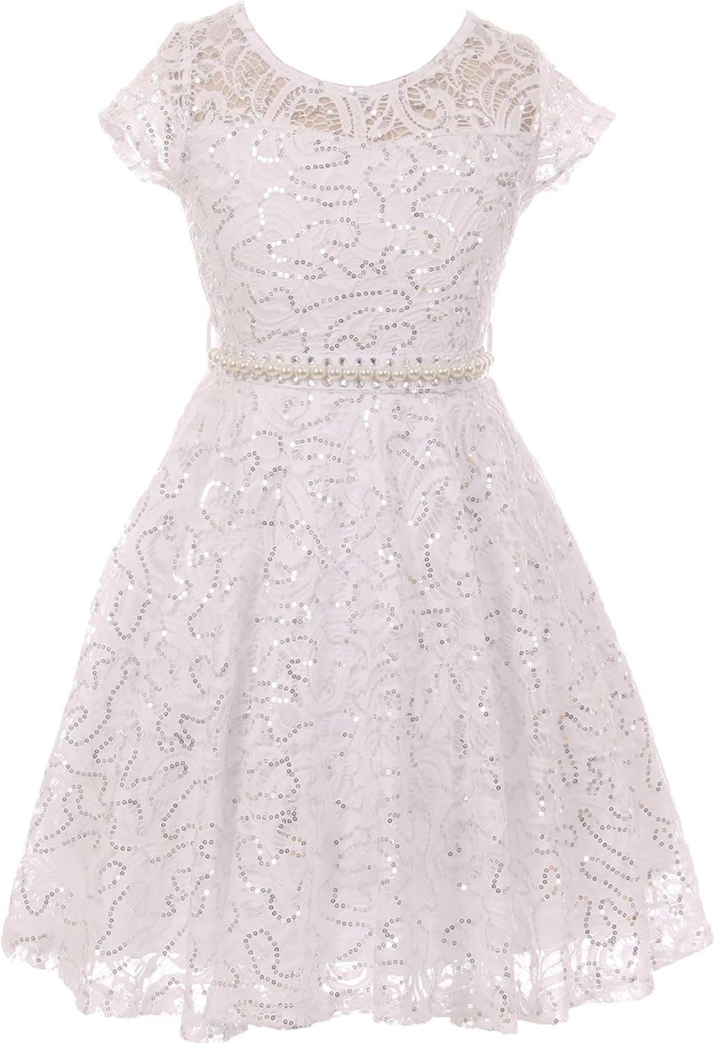 BNY Corner Cap Sleeve Floral Lace Glitter Pearl Holiday Party Flower Girl Dress