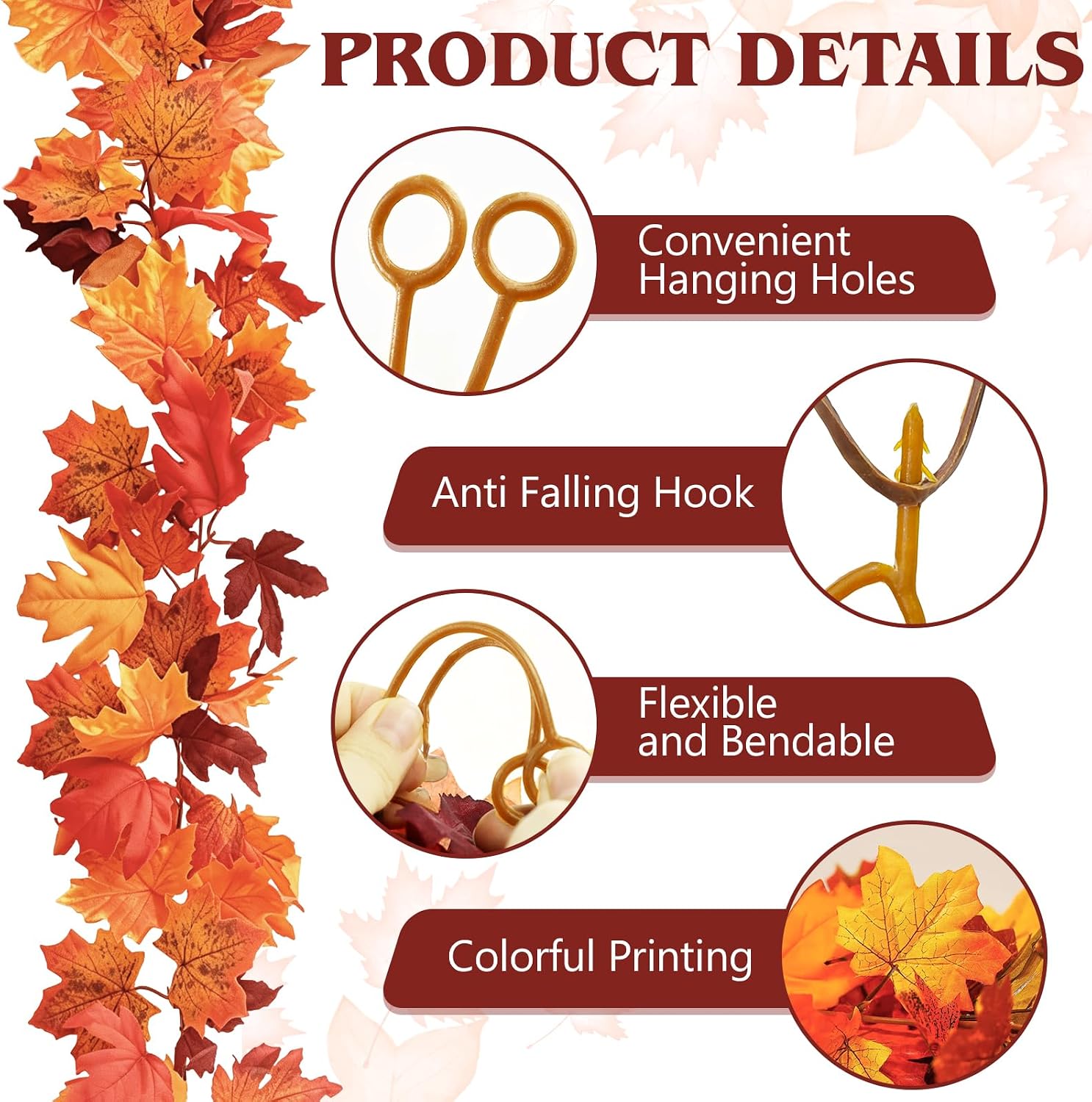 2 Pack Fall Garland Maple Leaf 5.9ft/Piece Artificial Autumn Hanging Vine
