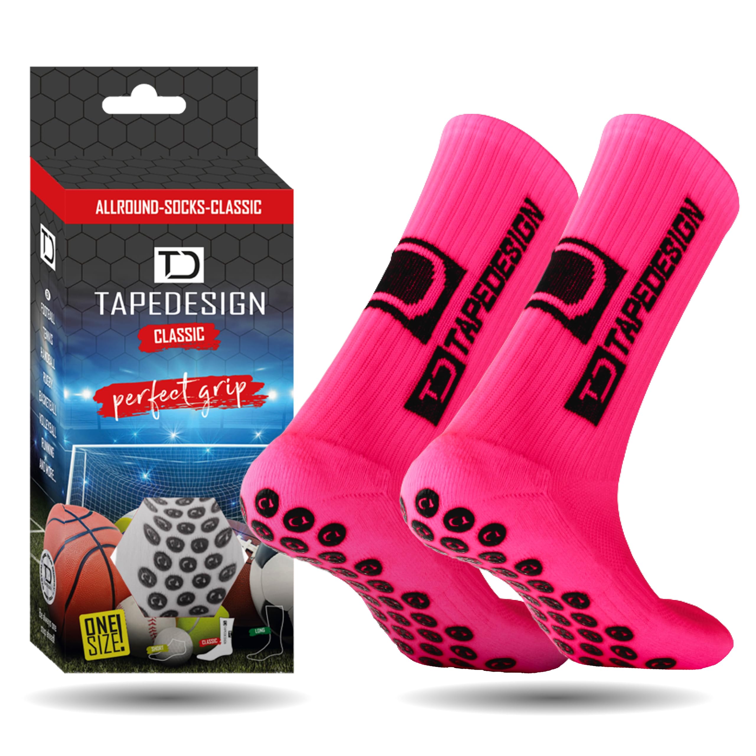 Tapedesign - "Classic 1 Pair Non-Slip Football Grip Socks Neon-Pink (Size 5-14) Men, Women & Kids - Soccer Socks for Adults & Youth (Unisex) - Anti-Slip Sport Socks for Basketball, Tennis & Running