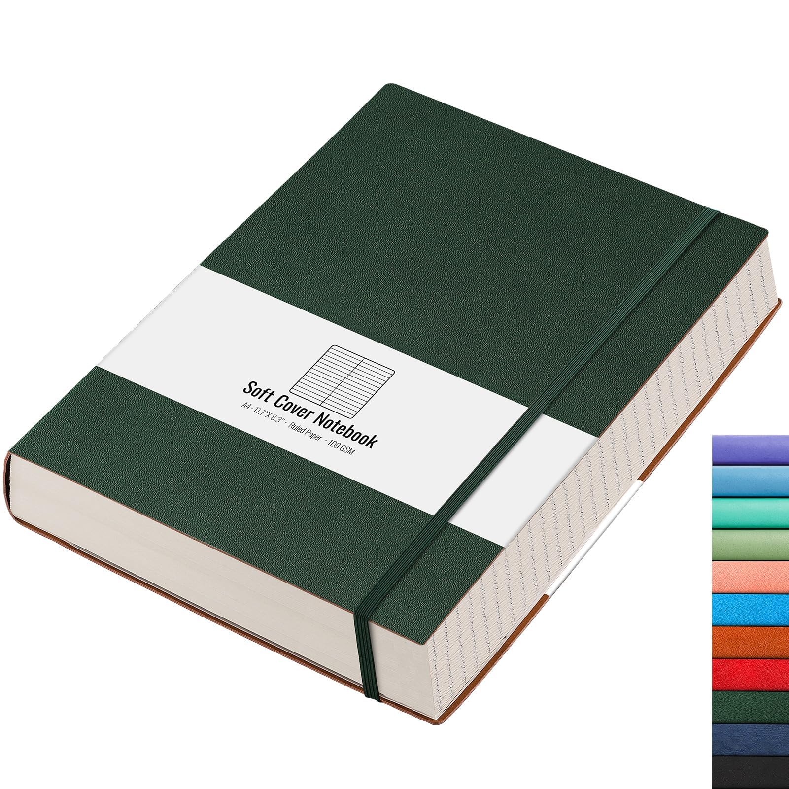 AHGXG College-Notizbuch, liniert, 320 Seiten, großes Tagebuch A4 (21,6 x 27,9 cm) | Dick liniertes Notizbuch für Notizen, 100 g/m² Papier, Leder-Softcover, für Damen und Herren, Grün