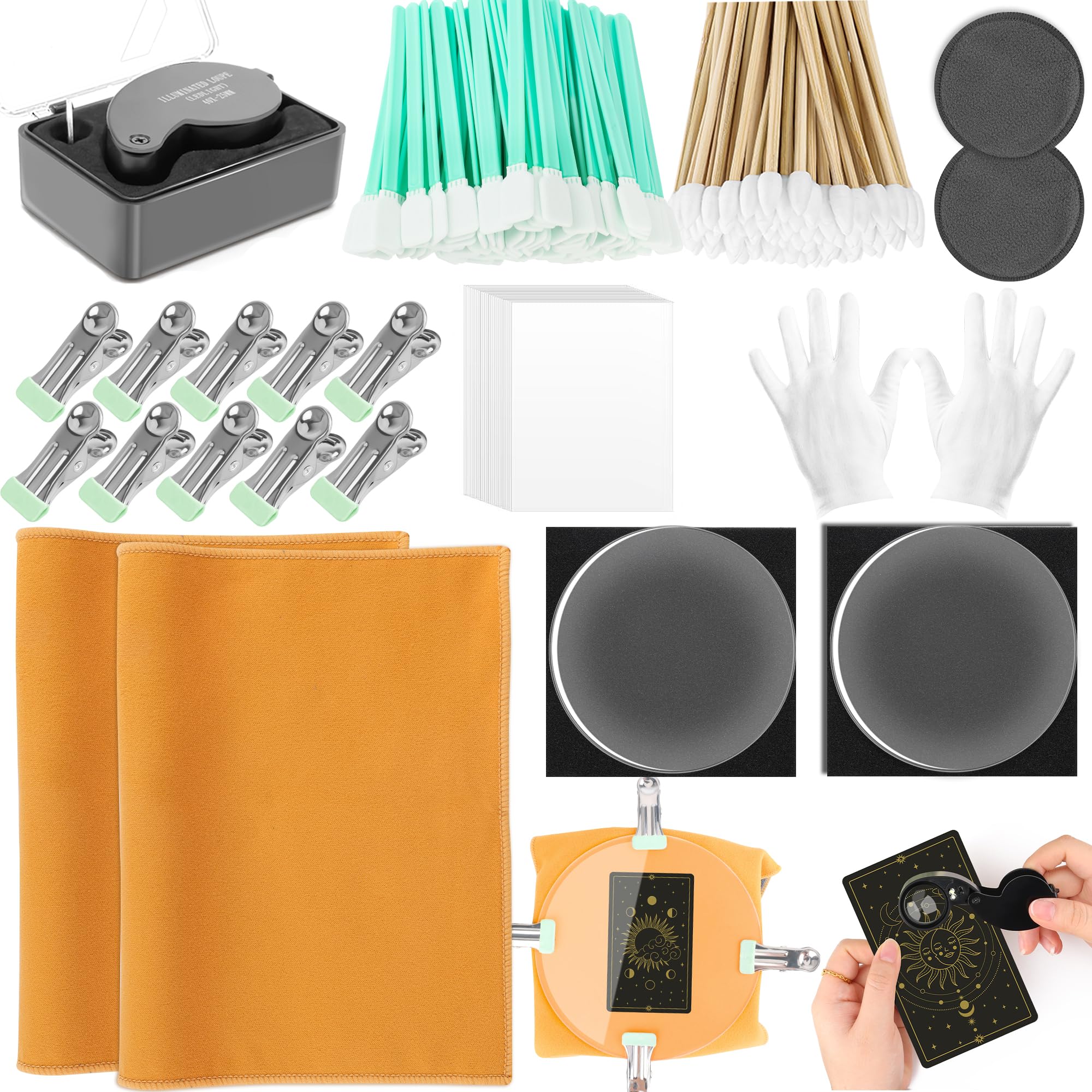 Windspeed 221P Card Cleaning Kit for Sports Trading Card Grading Kit for Grading Polish Include 2 Pcs 6 Inches Clear Acrylic Rounds 10 Plastic Clamps 2 Shammy Towel and Other Accessories