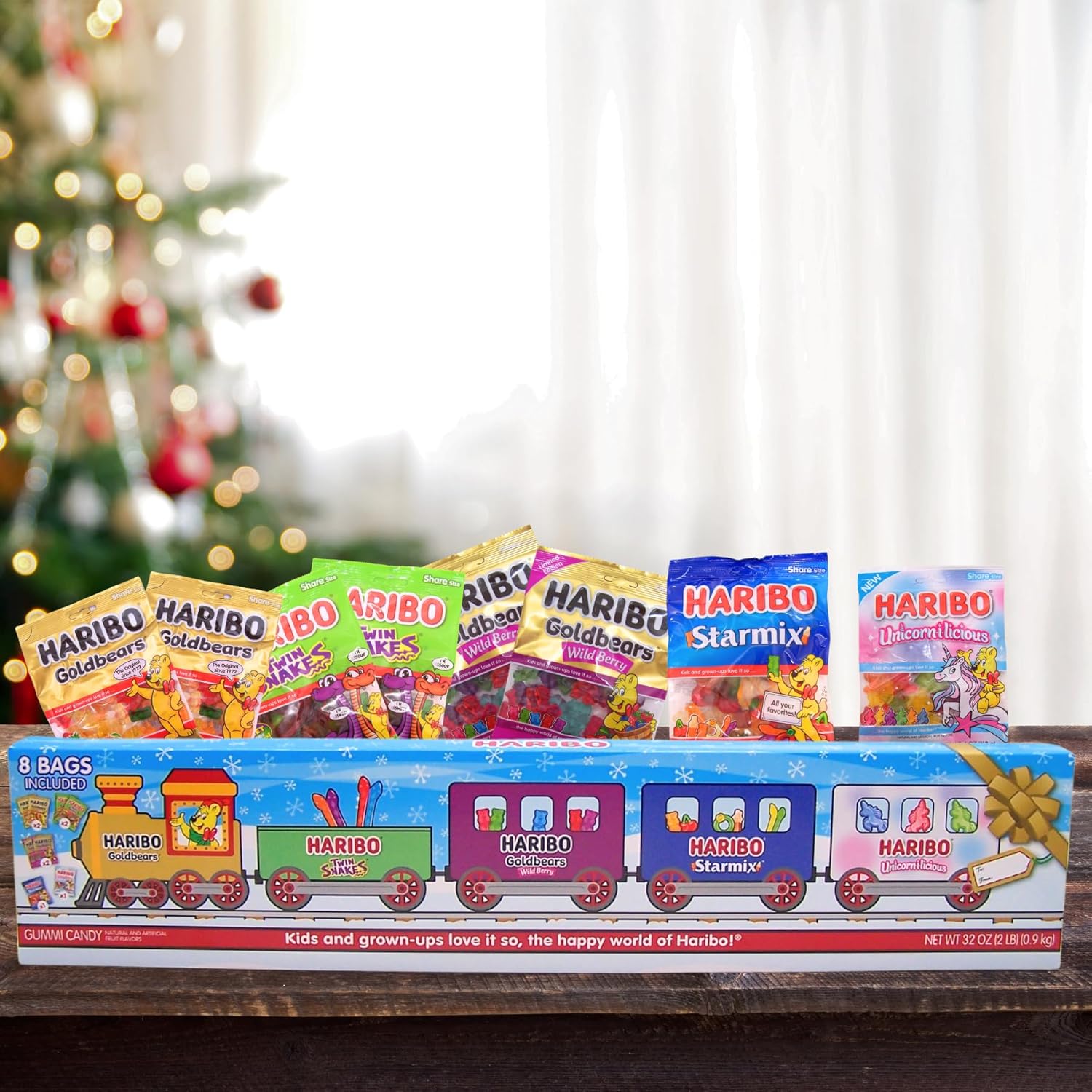 Haribo Holiday Train Assorted Gummy Bears & Candy, Holiday Candy Gift, Stocking Stuffer Gift, 8 Bags Included, 32 Ounces