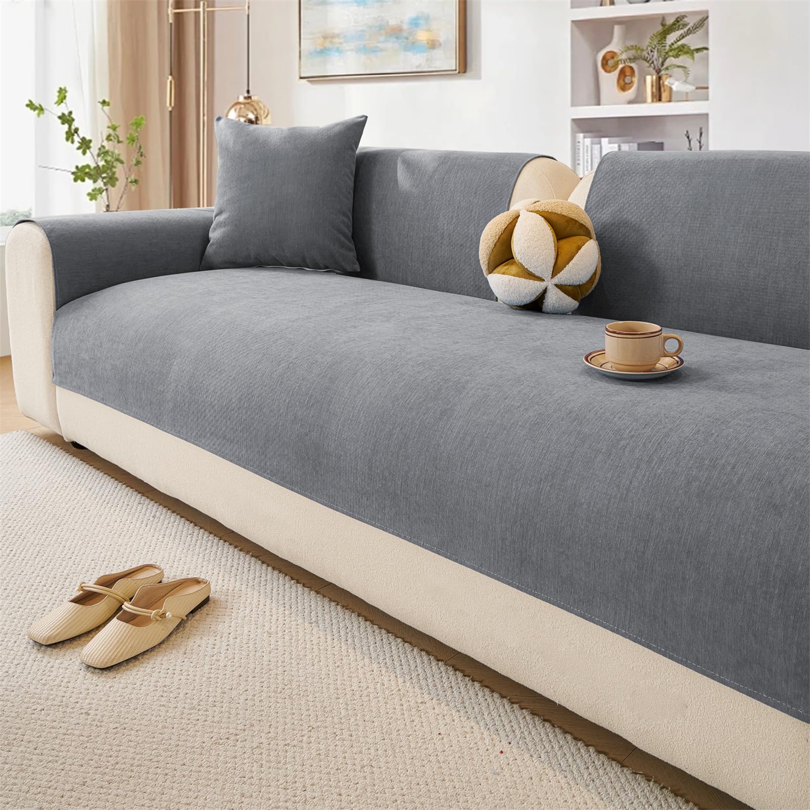 Lingky Grey Soft Chenille Sofa Cover 1 2 3 Seater, Non-Slip Sofa Slipcovers For Corner L Shape, Funny Fuzzy Sofa Cover, Thick Textured Sofa Cushion Covers Furniture Protector (Gray,70X70cm)