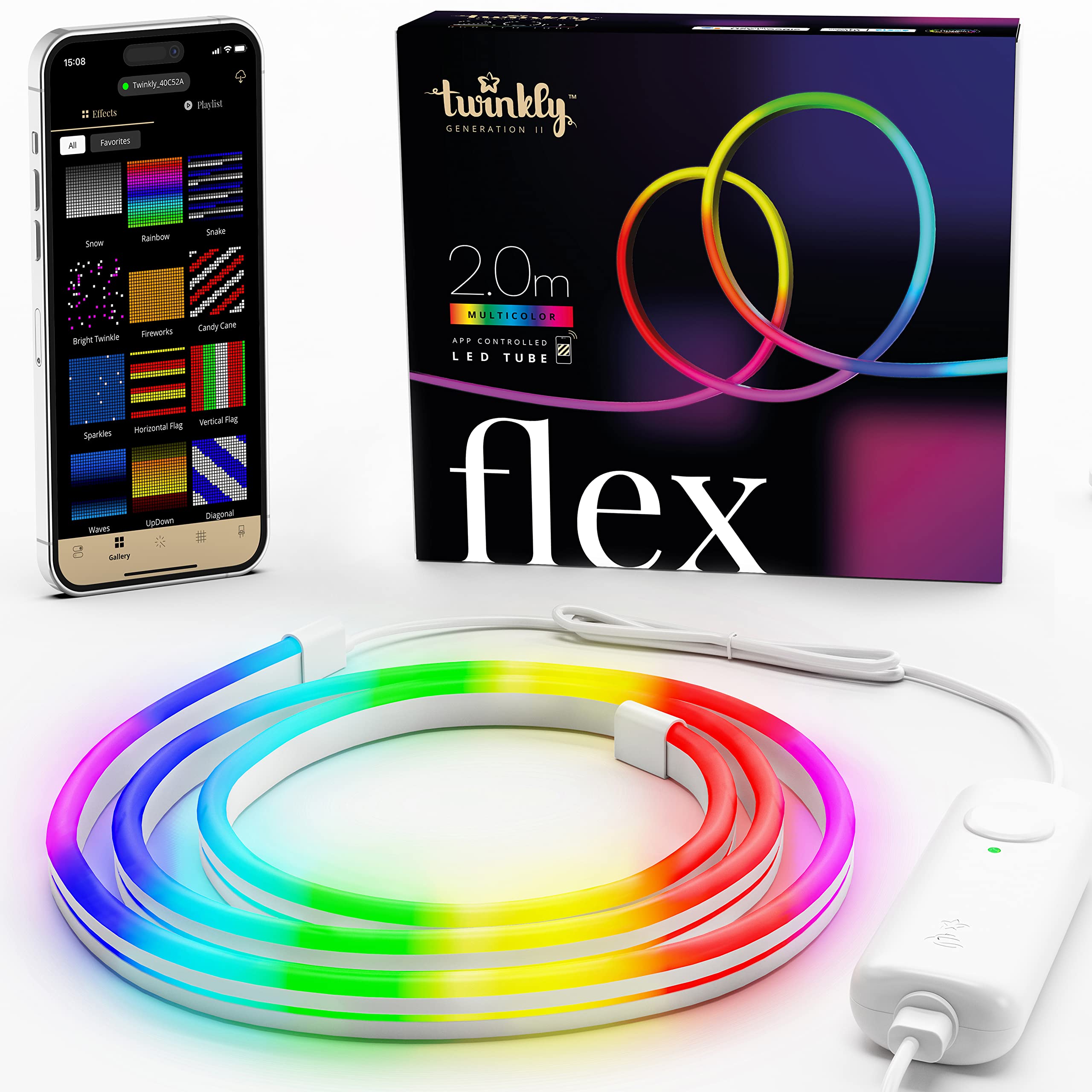 TwinklyFlex – App-Controlled Flexible Light Tube with RGB (16 Million Colors) LEDs. 2 Meters. White Wire. Indoor Smart Home Decoration Light.…