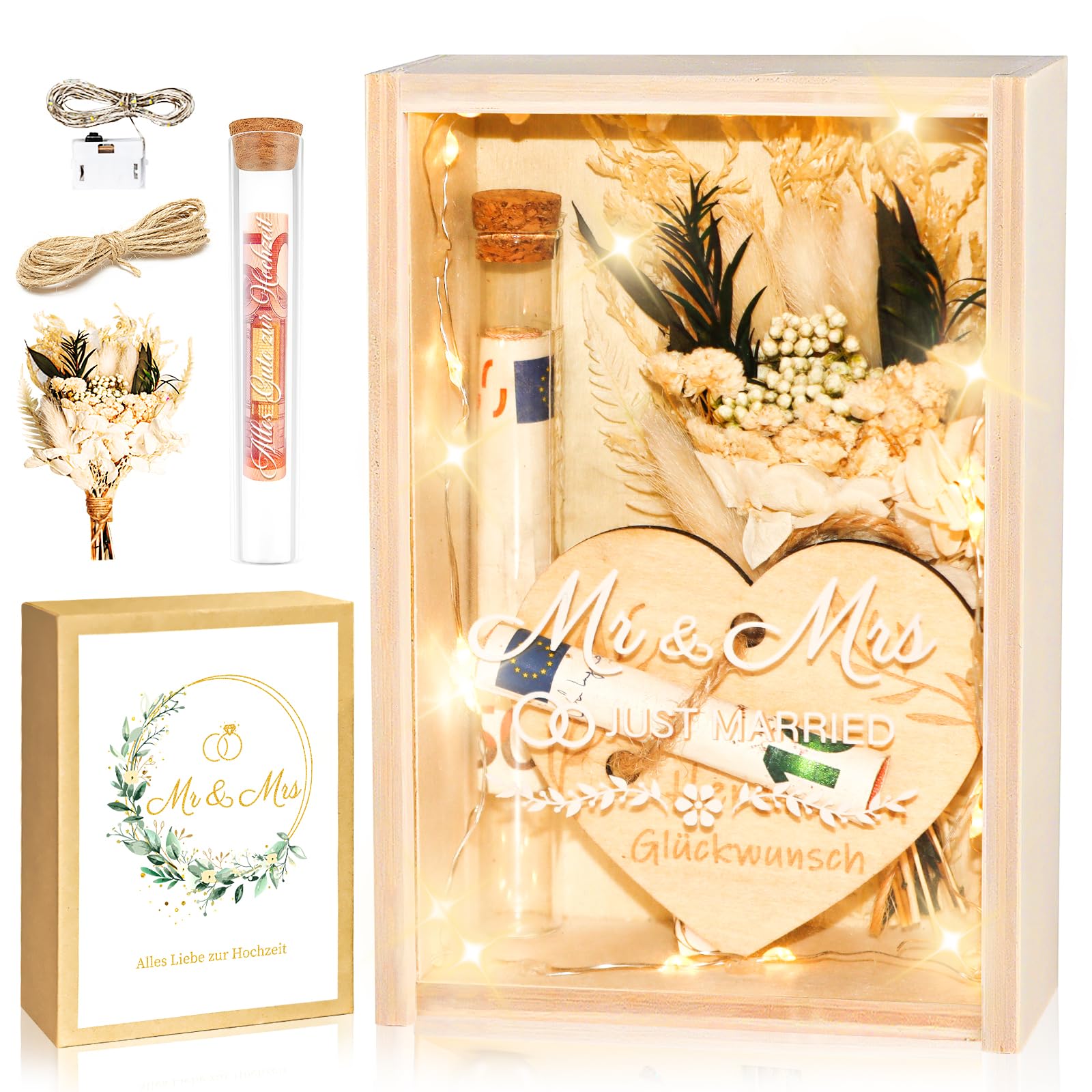 TUZELIYA Hochzeitsgeschenke für Brautpaare, Geldgeschenk Hochzeit, Hochzeitsgeschenk, Mr und Mrs Geschenkbox inklusive Trockenblumen, Holzbox, Kunststoff Reagenzglas, Lichterketten, Hochzeitstag