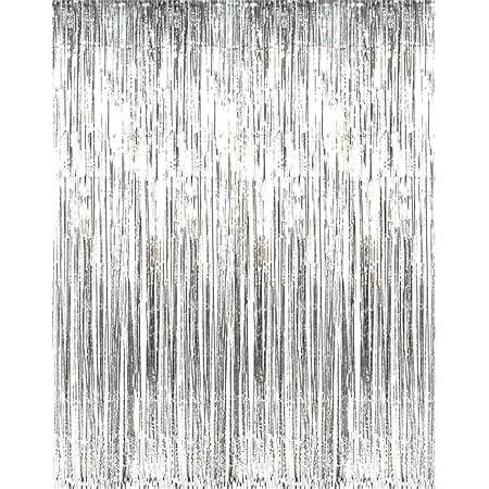 GOER 3.2 ft x 9.8 ft Metallic Tinsel Foil Fringe Curtains for Party Photo Backdrop Wedding Decor (Silver,1 Pack)