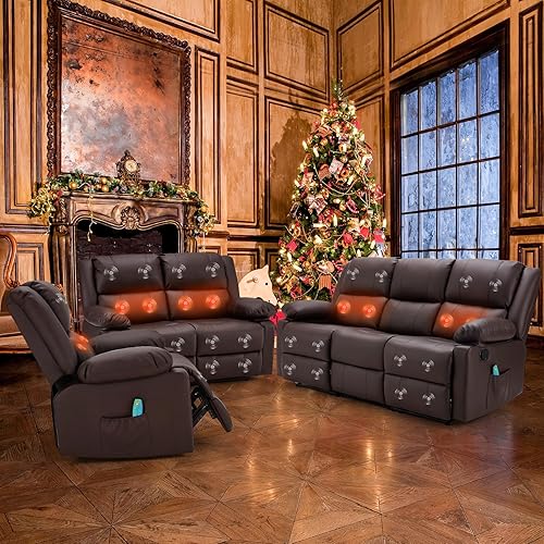 YODOLLA 3 PCS Recliner Sofa Set for Living Room Furniture Set，Overstuffed Leather Reclining Sofa with Massage&Heat Function, Manual Control Couch Set，Theater Lounge Seat with Side Pockets, Brown