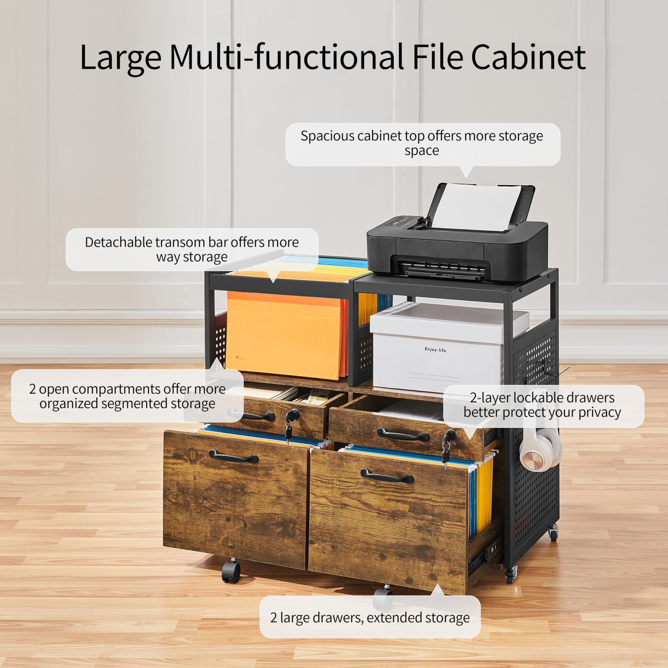 Yaheetech Archivador Móvil con 4 Cajones Cajonera Móvil con Ruedas Compartimento Abierto 82,5x40x69 cm Cajonera Escritorio para Documentos A4 Archivador de Oficina con Ganchos Laterales