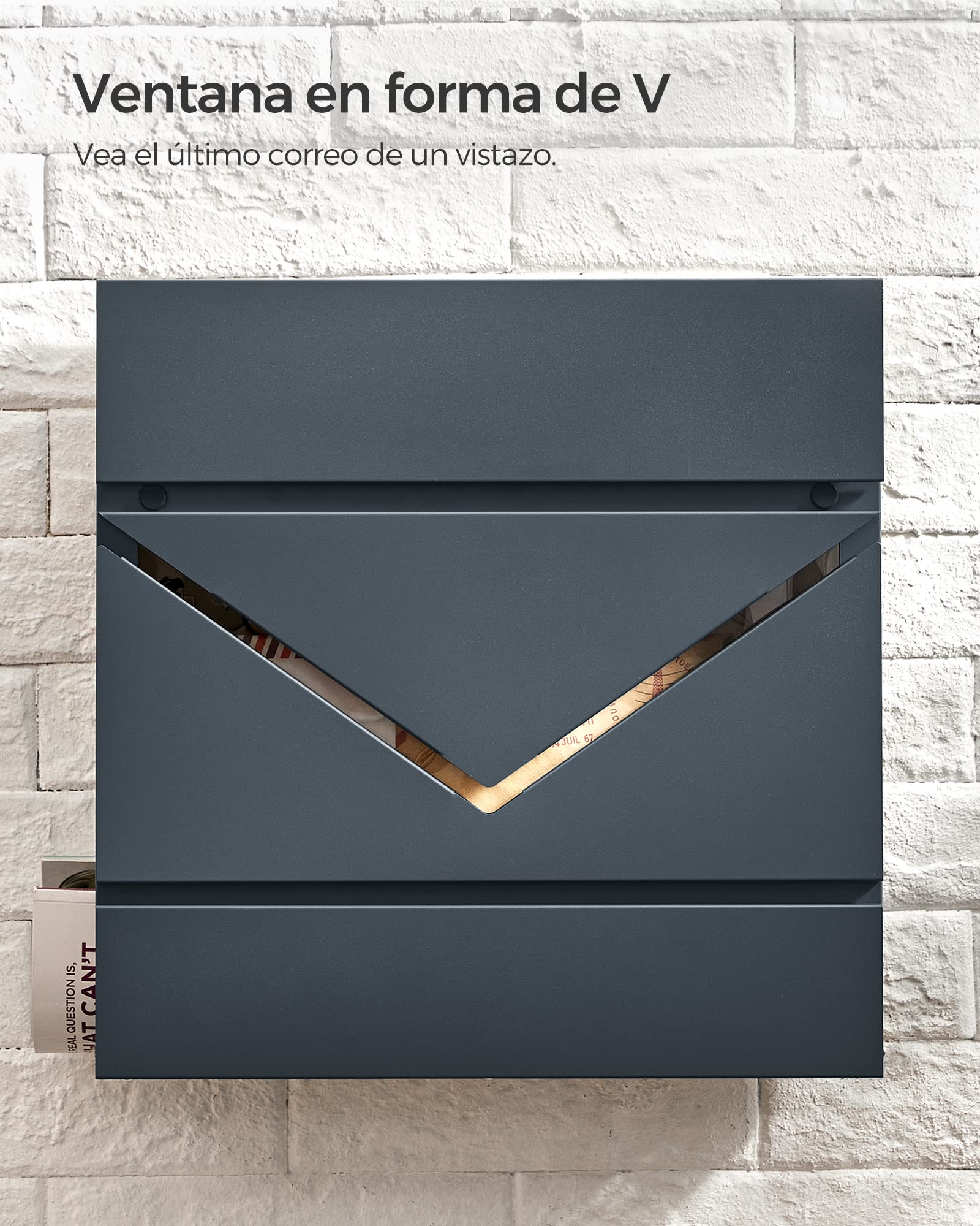 SONGMICS Buzón Correo, Ventanas de Visualización en Forma de V, Buzón Correo Montado en Pared, con Cerradura y Tapa, Portapapeles, Fácil de Instalar, Gris Antracita GMB054G01