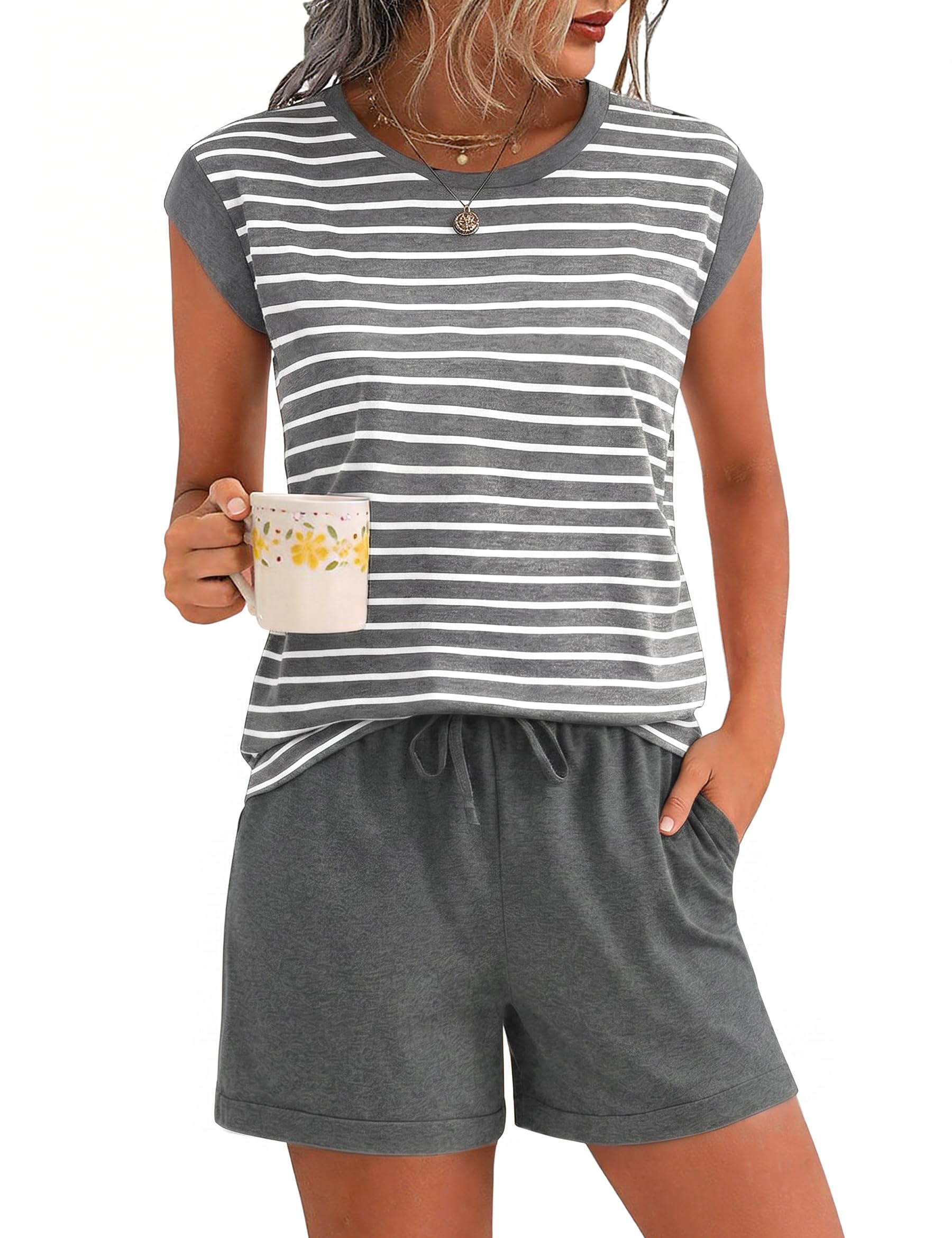 Marvmys Schlafanzug Damen Kurz Baumwolle Gestreifte Sommer Zweiteiliger Pyjama Set Kurzärmelige Rundhals Kurzarm Shorts mit Bündchen Sleepwear Loungewear S-XXL