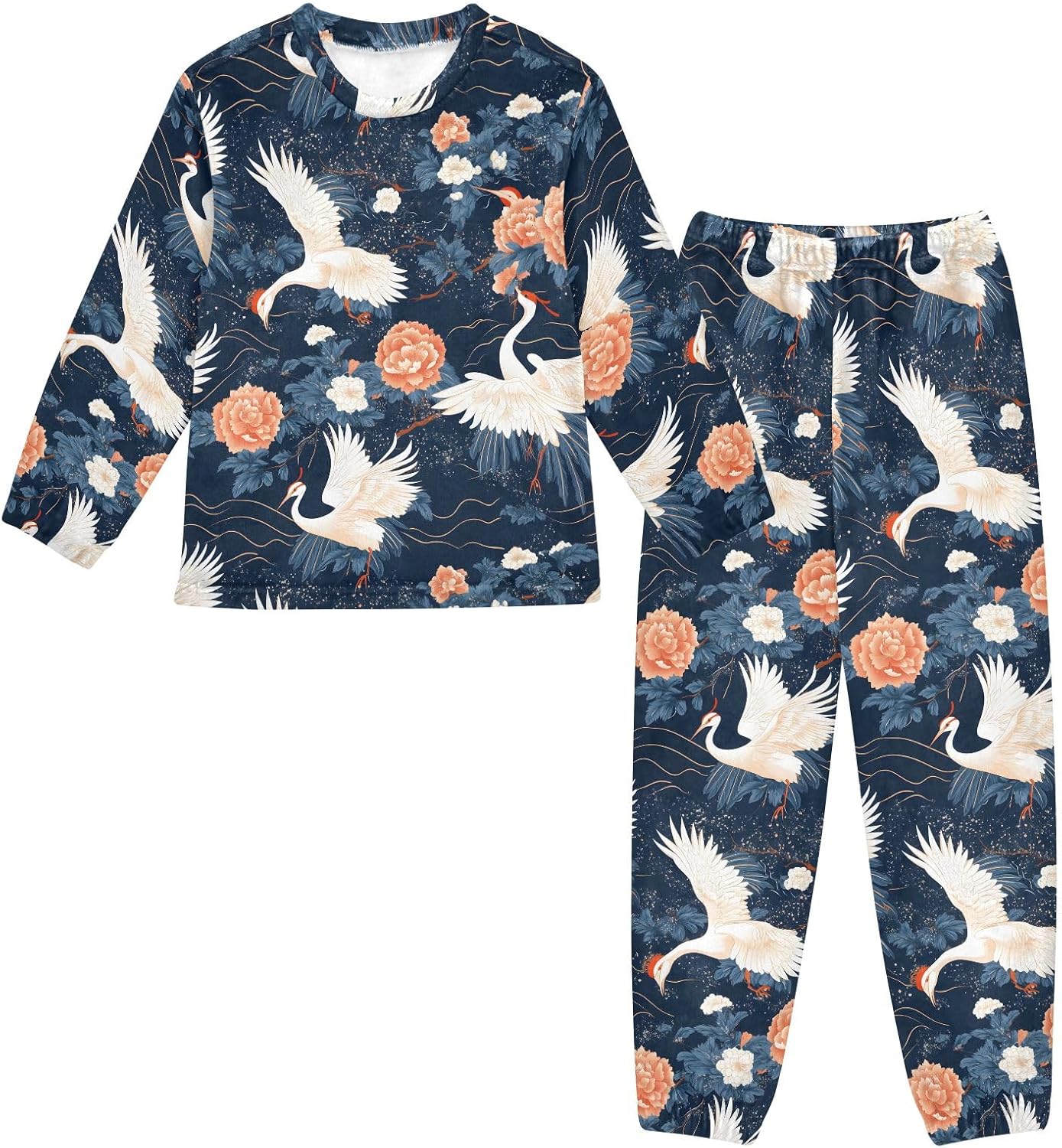 Kids Flannel Sets Flowers White Bird Warm Plush Relaxed Clothing for Boys and Girls