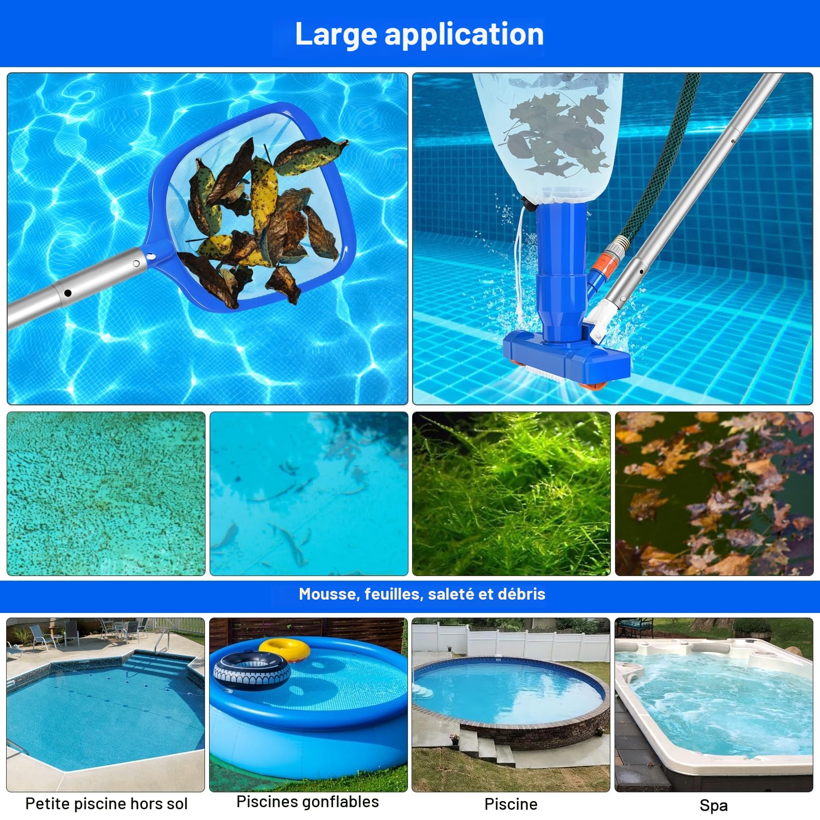 Aspirateur Piscine avec Épuisette de Surface Piscine, 2024 Kit d'entretien De Piscine Aspirateur Portable avec Tige de 150cm pour Étang, Fontaine
