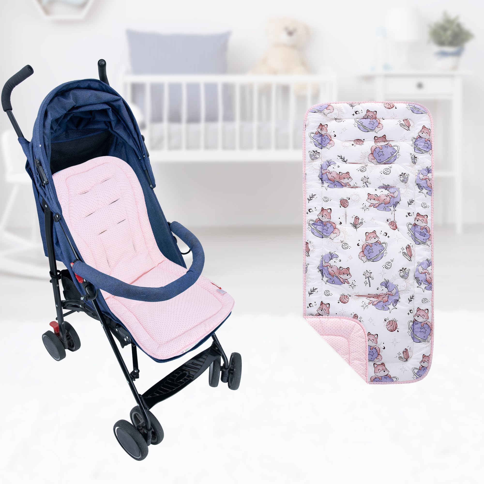 Baby Pushchair Seat Liners,Pram Liner Universal Fit for Most Pushchairs,100% Cotton Double-Sided Baby Stroller Cushion Pad,Stroller Seat Cover for Toddler Infant 1 Pack,78x34cm(Fox+Pink Dots) - Image 4