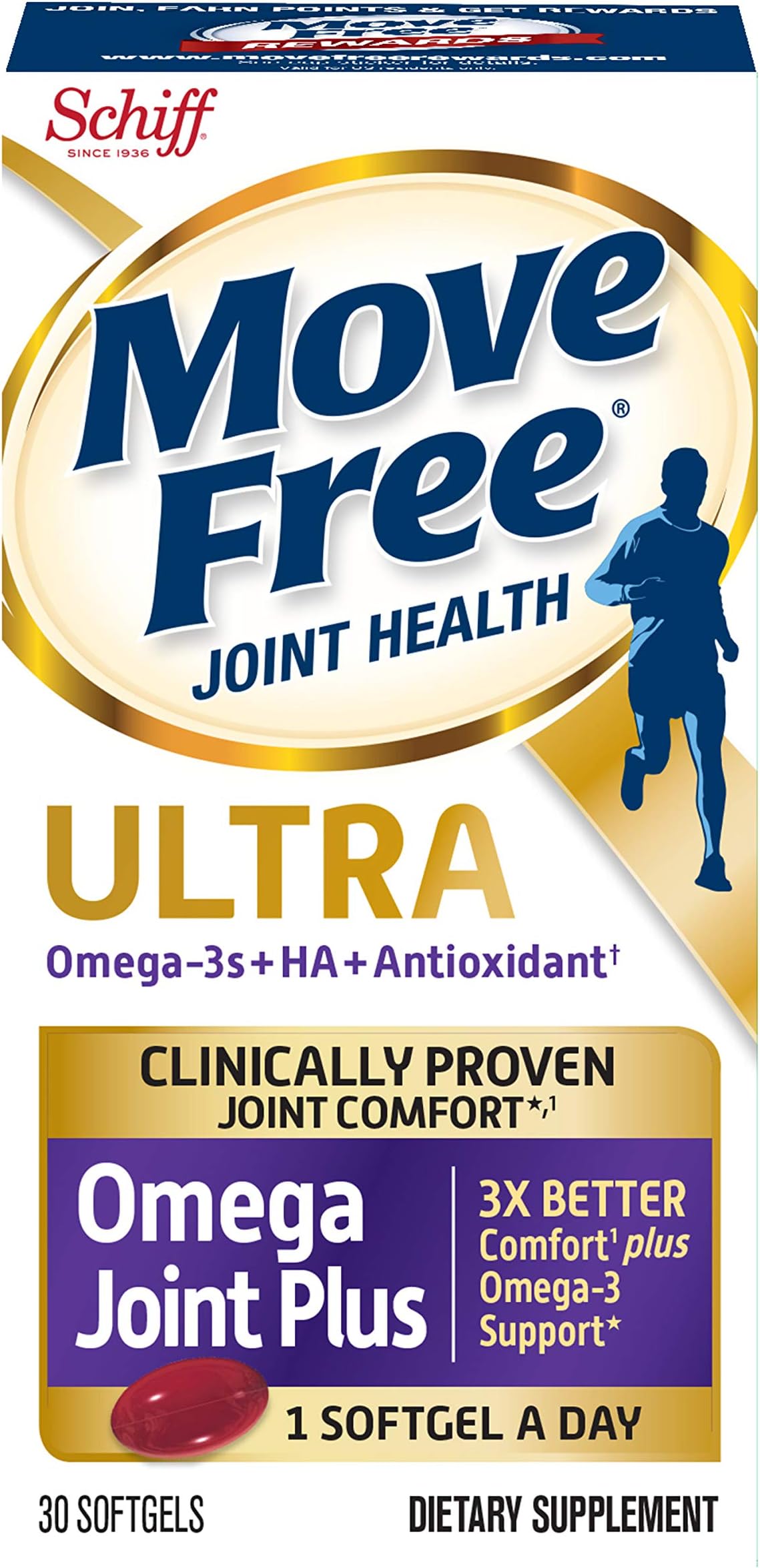 Move Free Ultra Omega, 30 softgels Joint Health Supplement with Omega 3 Krill Oil and Hyaluronic Acid
