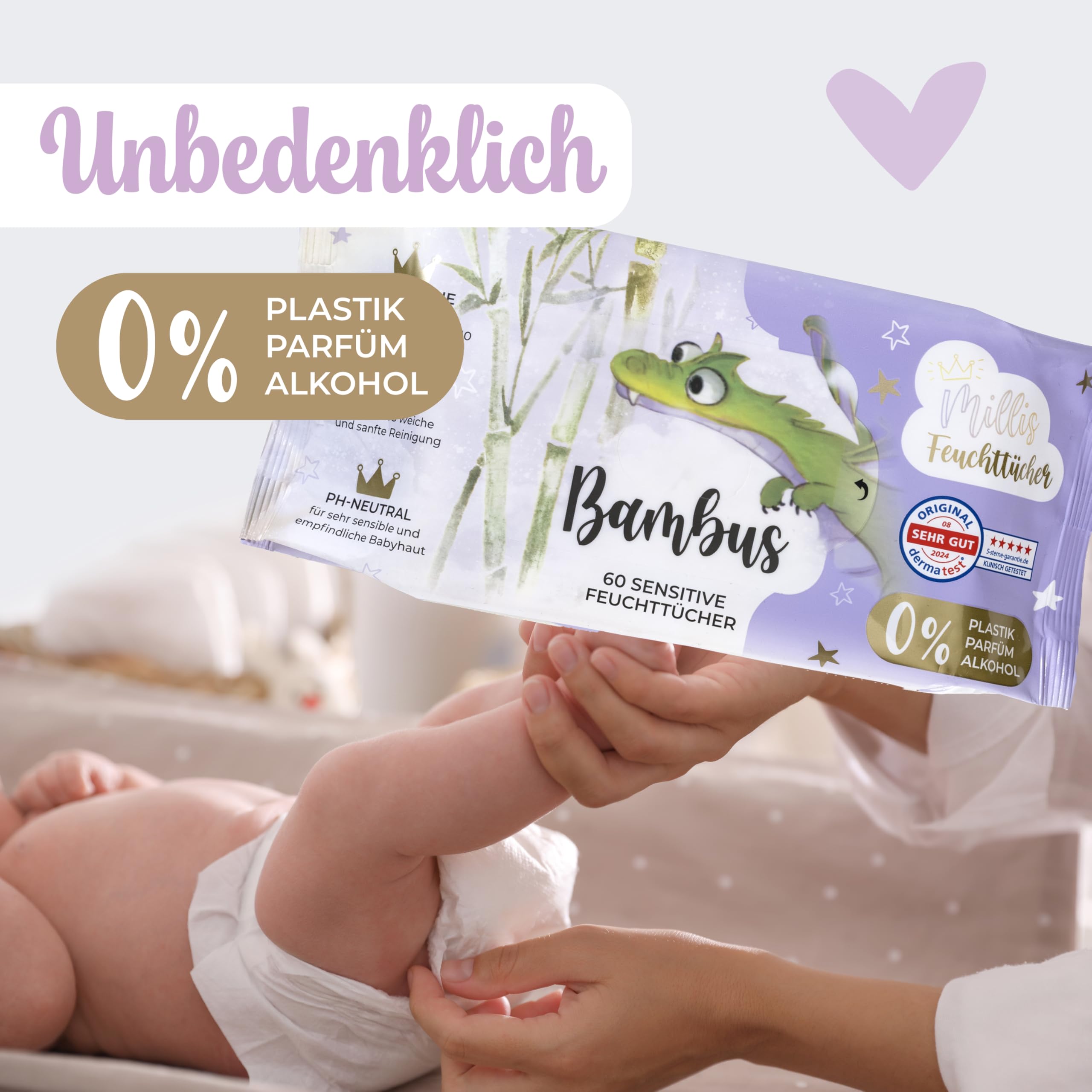 Millis Toallitas húmedas de bambú – 12 x 60 unidades – Limpieza natural suave para la piel sensible del bebé – Biodegradables, pH neutro, sin plástico, perfume y alcohol, clínicamente probado