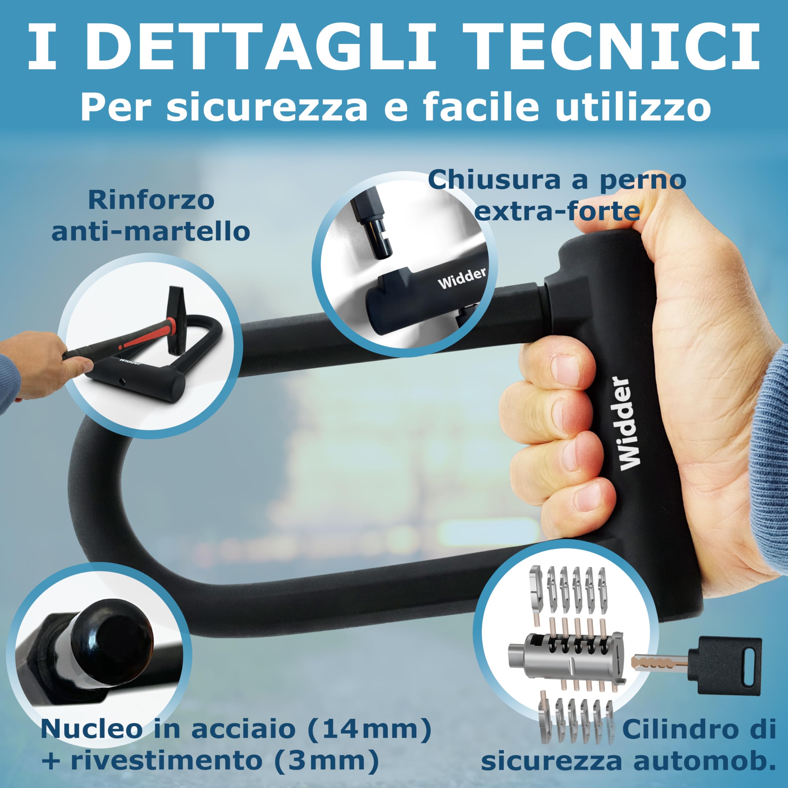 WIDDER piccolo antifurto ad arco [alta sicurezza, 800g] arco in acciaio massiccio da 14 mm – antifurto a U alta sicurezza – supporto & 3 chiavi, lucchetto ad archi e‑bike, e‑scooter, bici da corsa